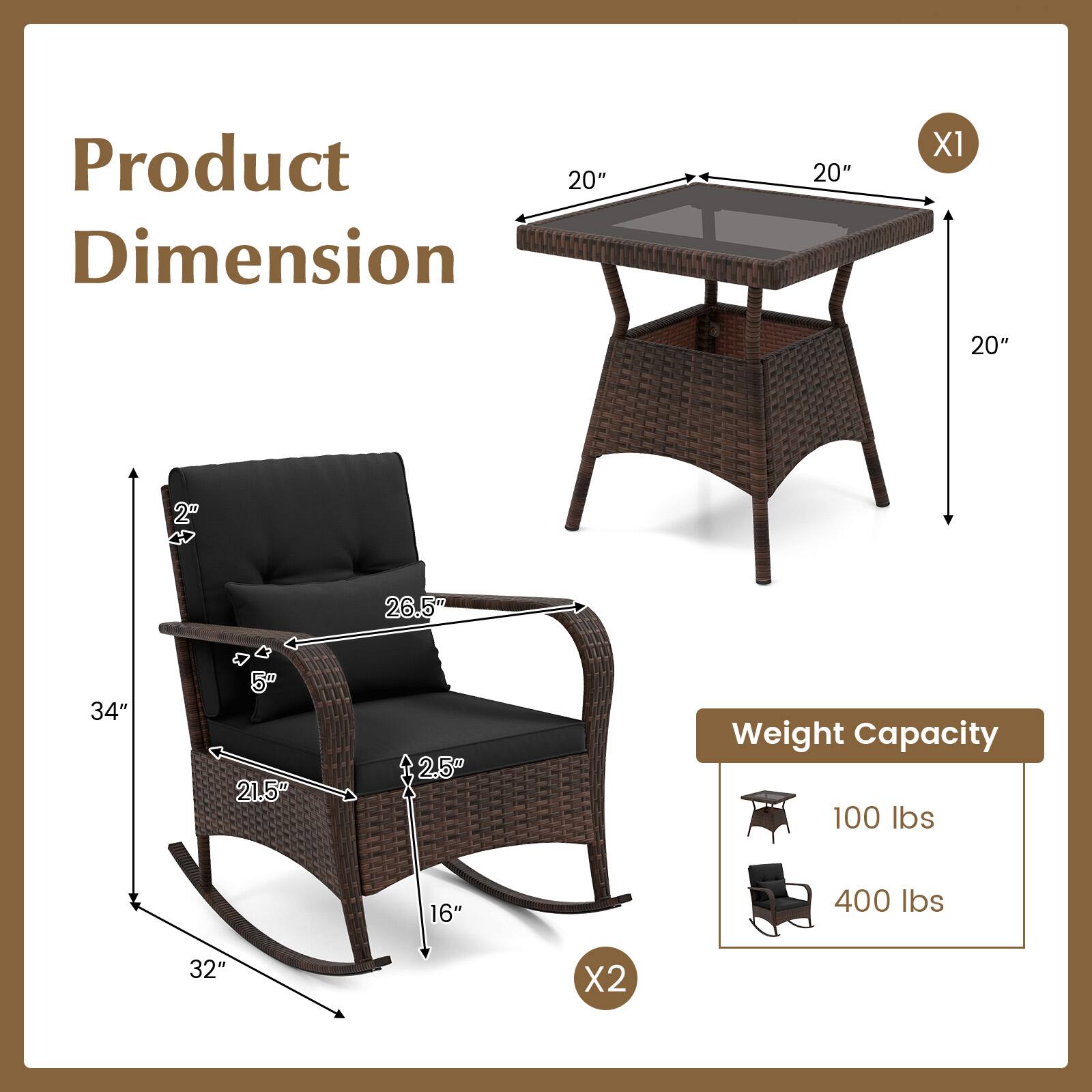 Product Dimension

- Table: 20" x 20" x 20"
- Chair: 34" x 21.5" x 26.5" x 16" x 2.5" x 5"

Weight Capacity

- Table: 100 lbs
- Chair: 400 lbs