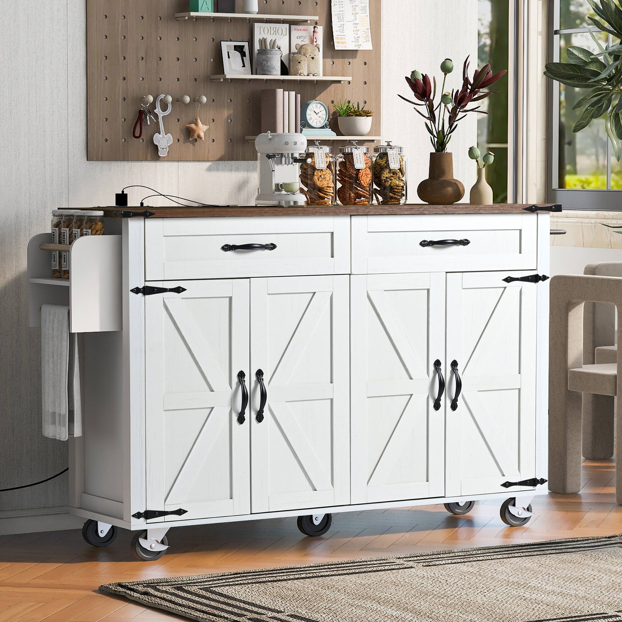Alt View 2. Spaco - Spaco 53.5'' Farmhouse Kitchen Island Cart with Power Outlet, Drop Leaf, Rolling Cart and Drawer Spice Rack Storage - White.