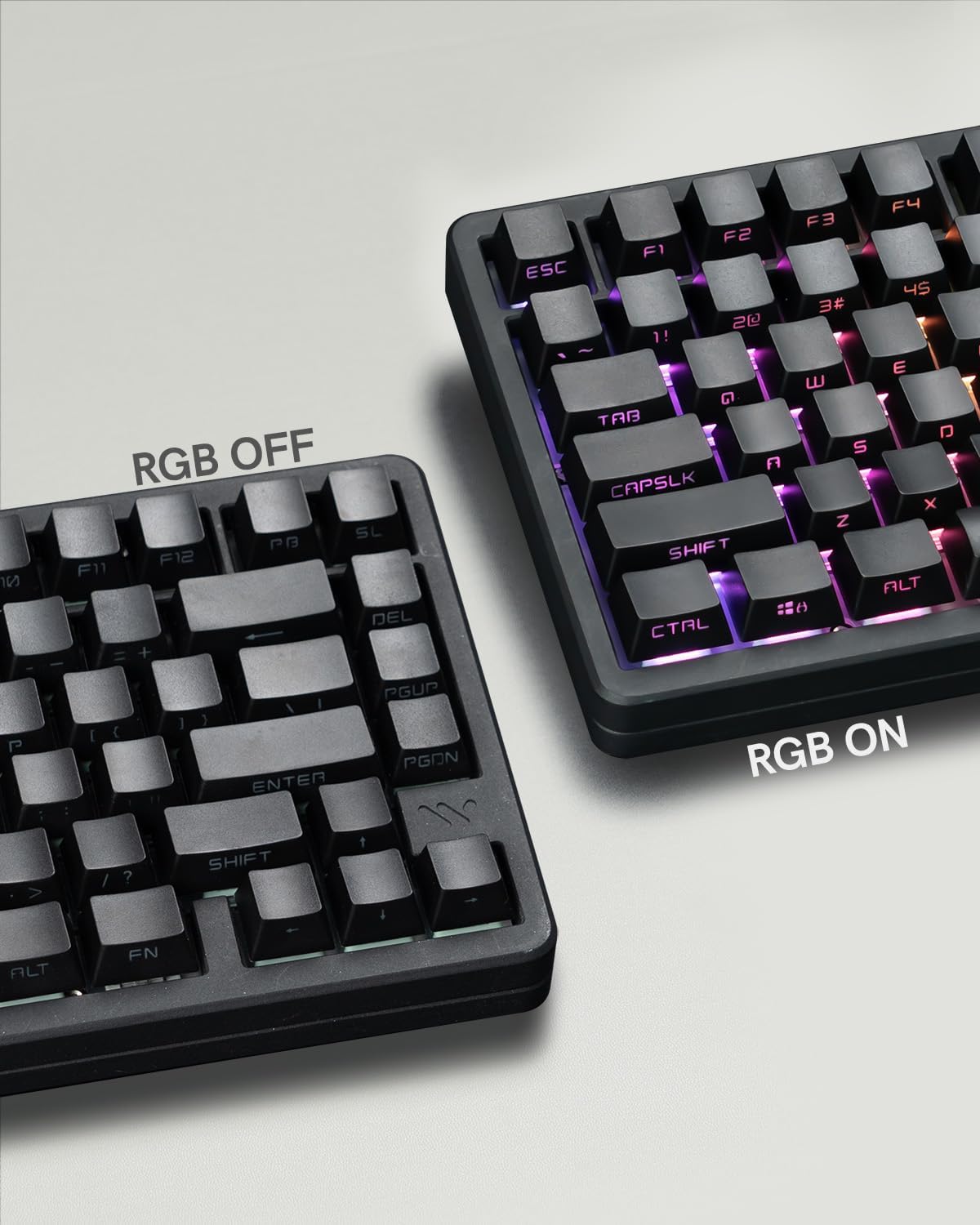 Sure, here is the corrected and grouped text from the image:

**RGB OFF**

16 P RGB OFF SL PB F12 F11 DEL = + - PGUP I I ) ) [ { PGON ENTER F4 F3 F2 F1 ESC 4S #E 2@ 1! - E I w  TAB D S  CAPSLK x Z SHIFT T T ALT " CTAL RGB ON I V /? / ? SHIFT   ALT FN

**RGB ON**

ESC F1 F2 F3 F4 4S 3# 2@ 1! E D S A Z X C V B N M , . / ? SHIFT ALT FN CTRL CAPSLOCK TAB W E R T Y U I O P [ { } ] | ENTER SHIFT ALT CTRL