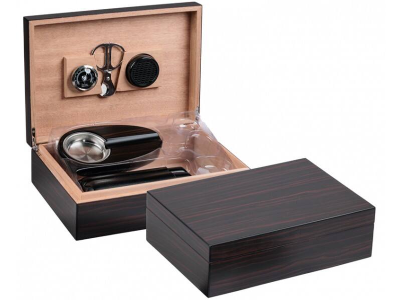 Front. Prestige - Davenport Humidor Gift Set - Rich Ebony Wood Finish.