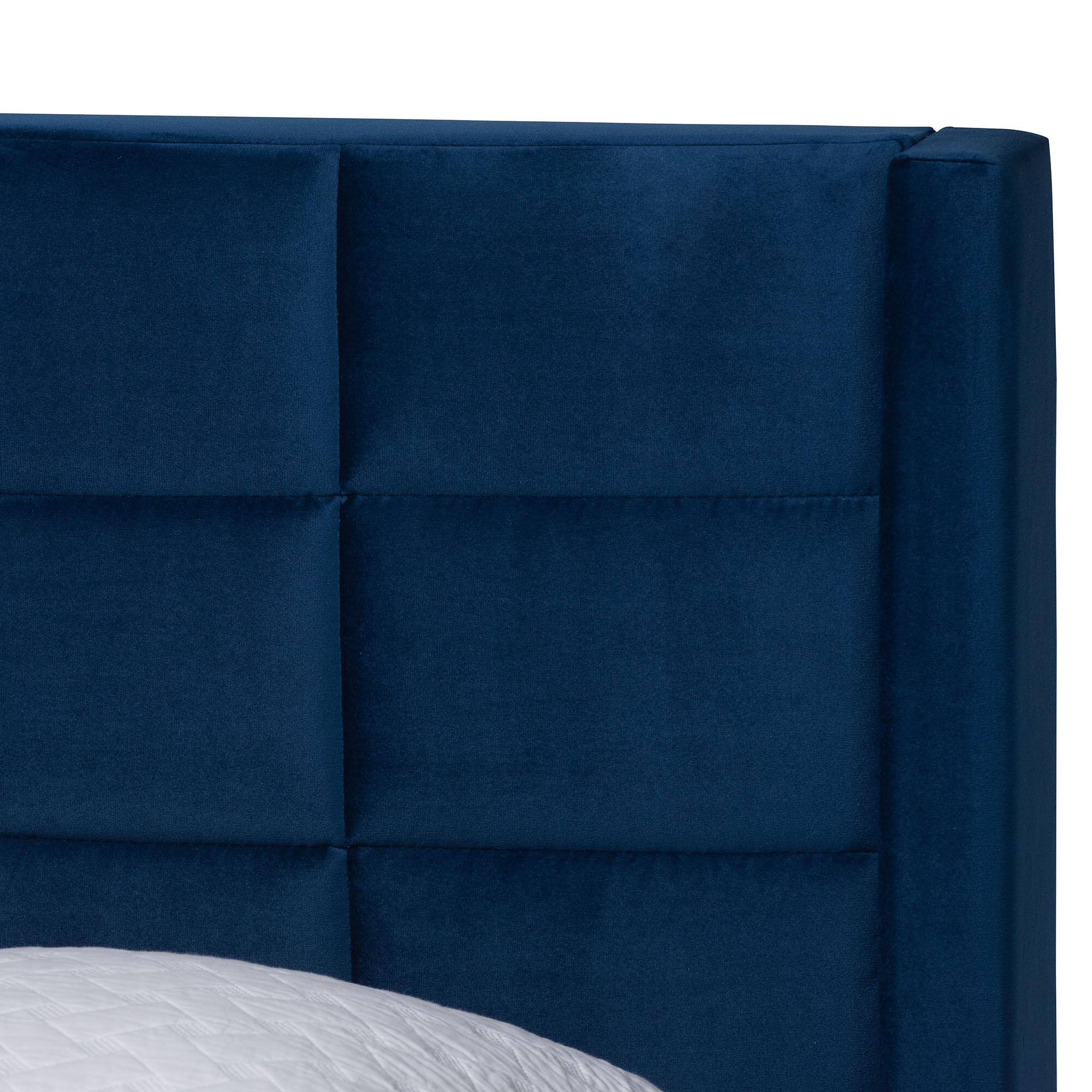 Back. Baxton Studio - Payne Modern Glam Velvet and Dark Brown Wood Queen Bed - Navy Blue/Black.