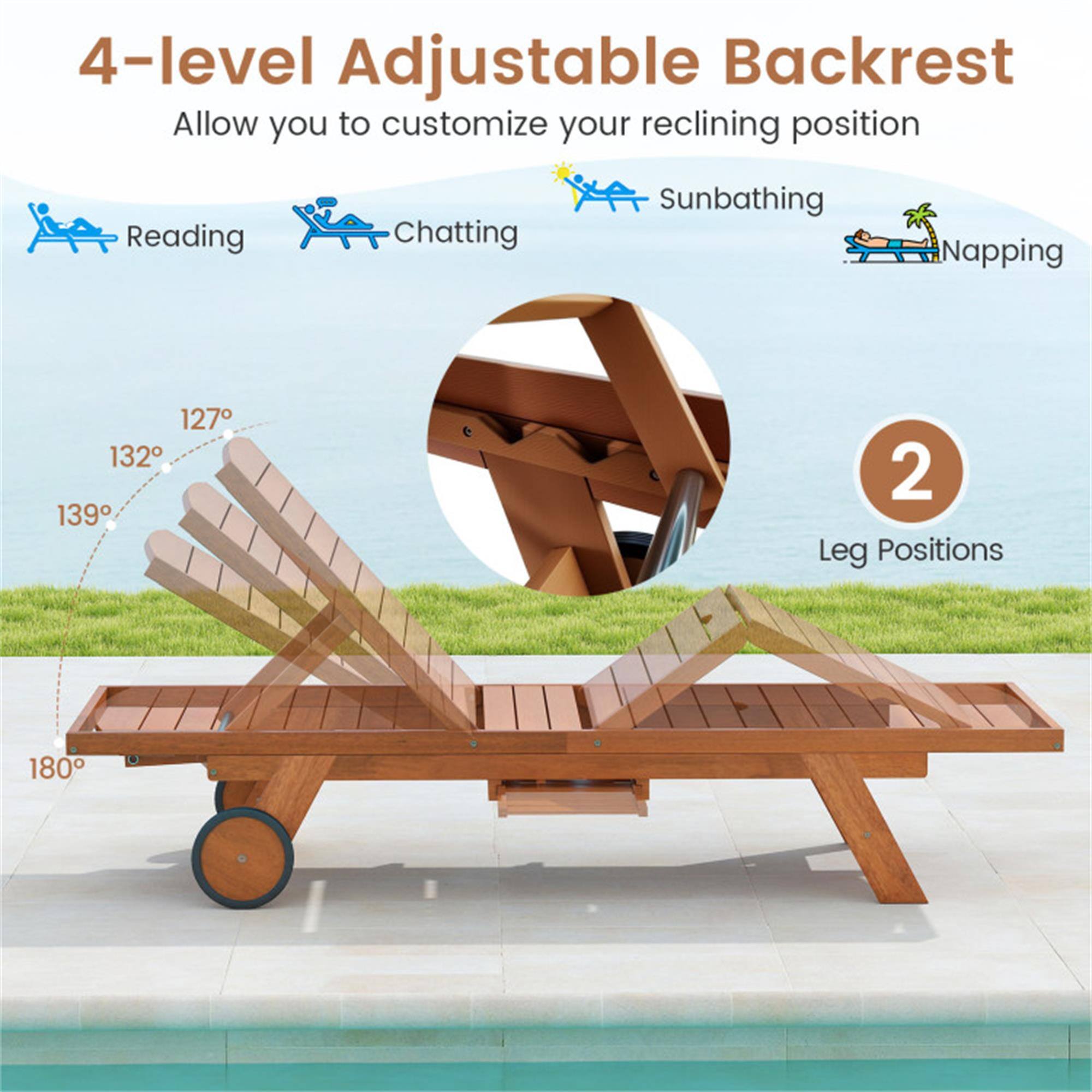 4-level Adjustable Backrest  
Allow you to customize your reclining position  
Reading, Chatting, Sunbathing, Napping  
127°, 132°, 139°, 180°  
2 Leg Positions