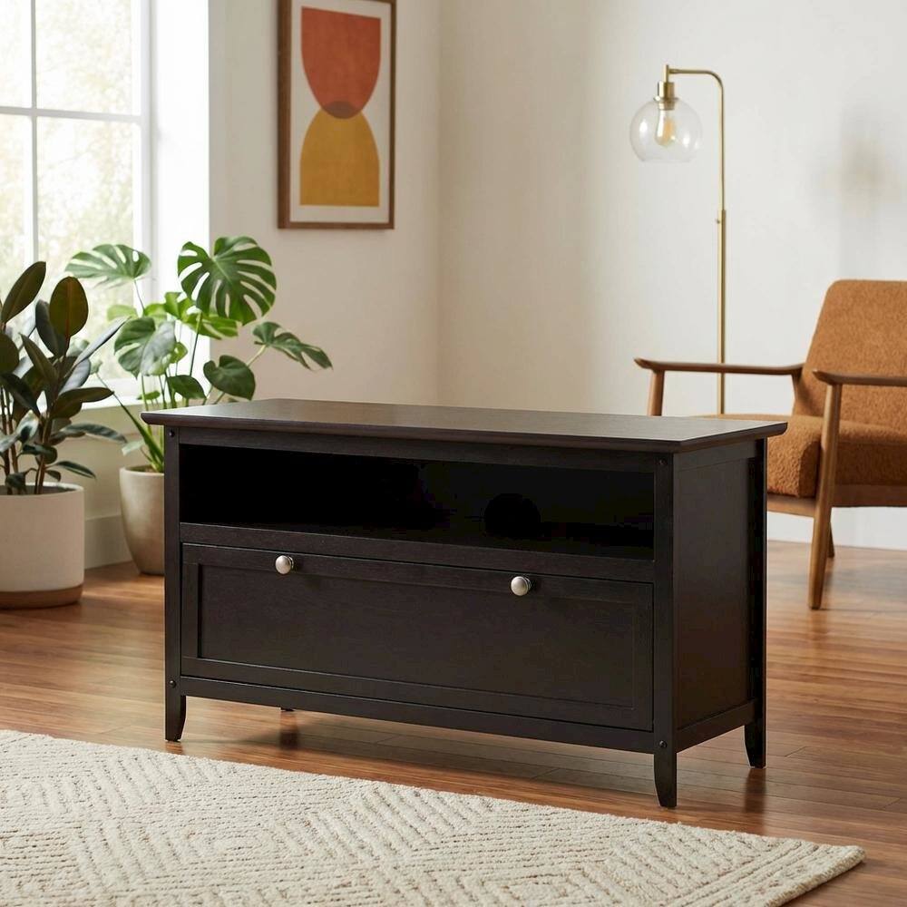 Alt View 1. FurniFact - Dark Espresso Wooden TV Stand With Storage Shelf And Pull Down Cabinet - Brown.