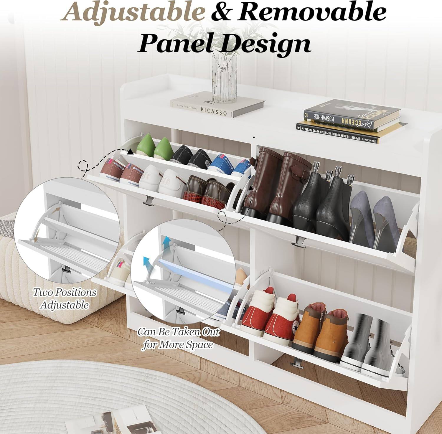 Adjustable & Removable Panel Design

Two Positions Adjustable

Can Be Taken Out for More Space