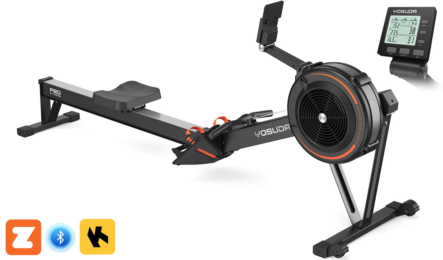 FED Fitness - R2 Rowing Machine for Home, Professional Adjustable Air Resistance Rower Machines with Self-Powered Monitor - Black+Orange
