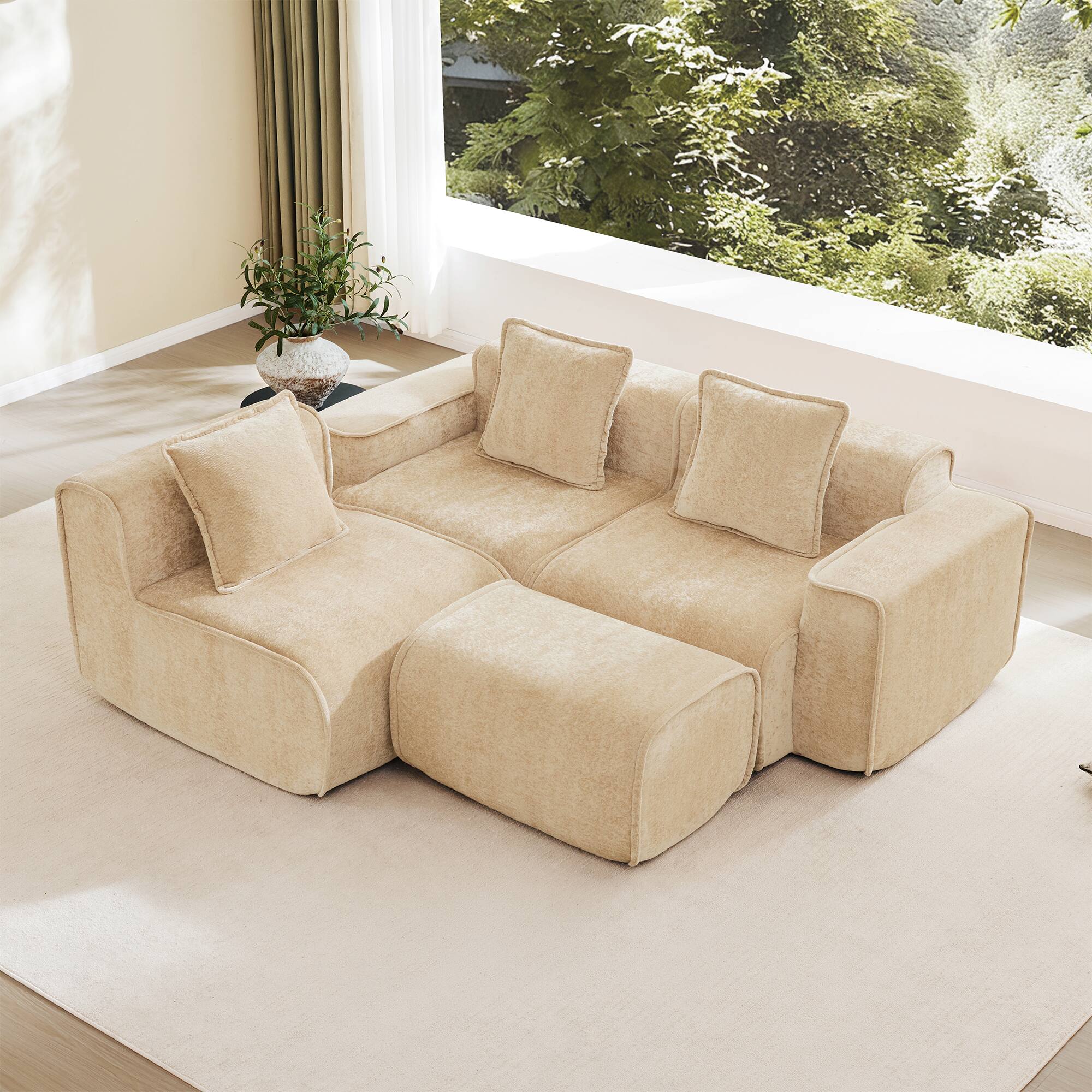 Angle. Aukfa - Streamlined 3-Seat L-Shape Boneless Sectional Sofa - French Edge Piping, No Assembly, Throw Pillows & Ottoman, Velvet - Camel.