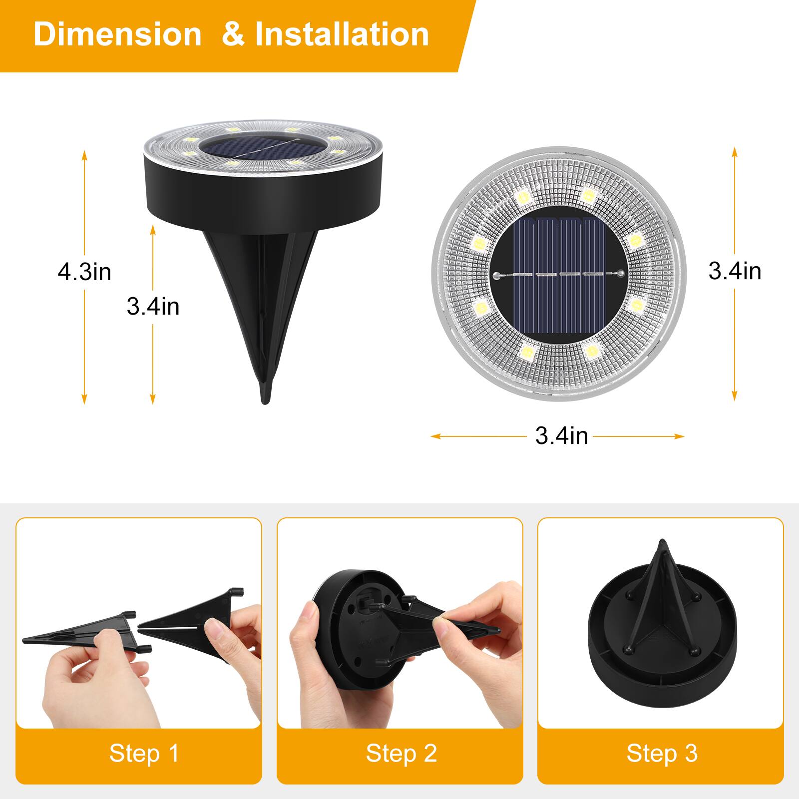 Dimension & Installation

4.3in  
3.4in  
3.4in  
3.4in  

Step 1  
Step 2  
Step 3