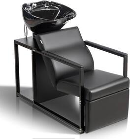 Winado - Barber Shampoo Chair Backwash Unit with Porcelain Sink & Retractable Sprayer & Storage Shelf & Neck Rest for Beauty Spa - Black