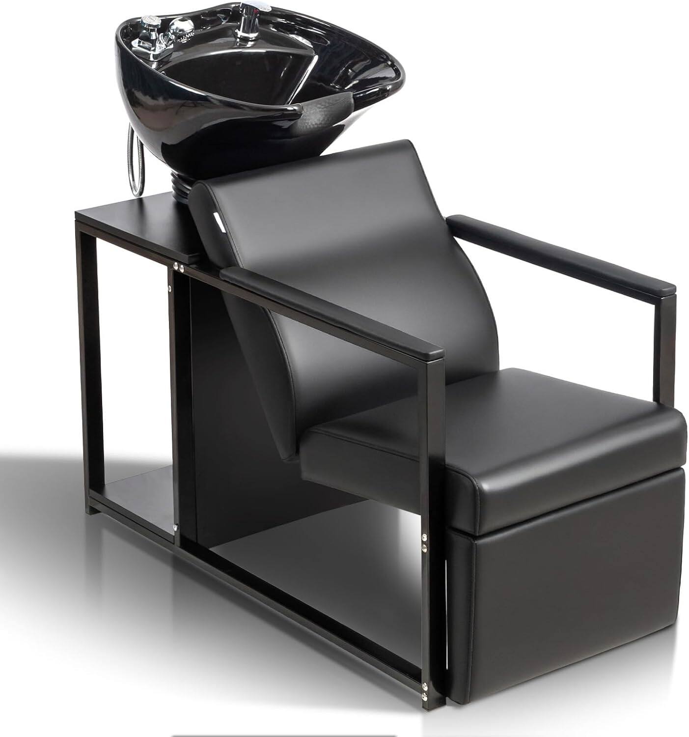 Front. Winado - Barber Shampoo Chair Backwash Unit with Porcelain Sink & Retractable Sprayer & Storage Shelf & Neck Rest for Beauty Spa - Black.
