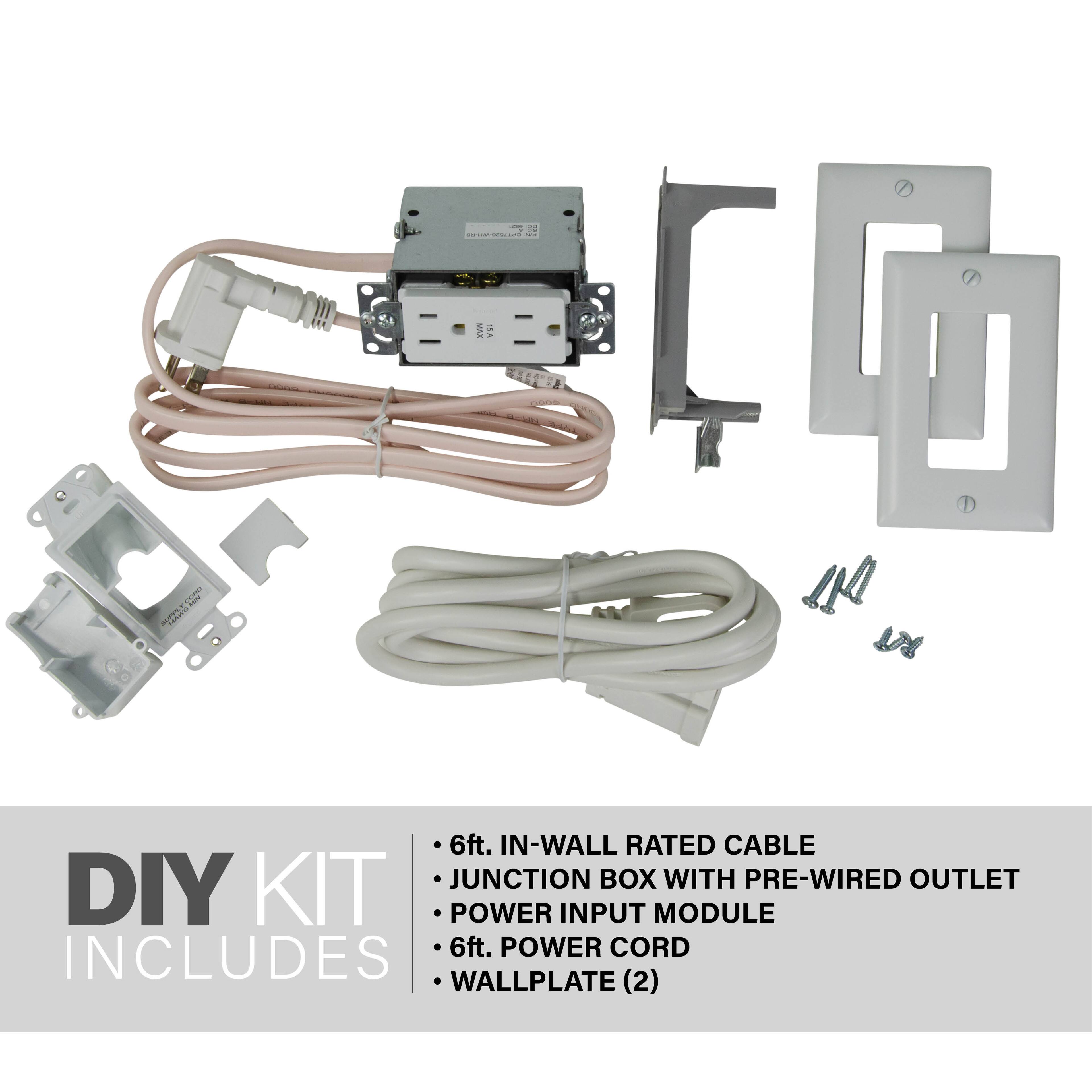 The text on the image is grouped and corrected as follows:

"DIY KIT: 6ft. In-Wall Rated Cable, Junction Box with Pre-Wired Outlet, Power Input Module, 6ft. Power Cord, Wallplate (2)."