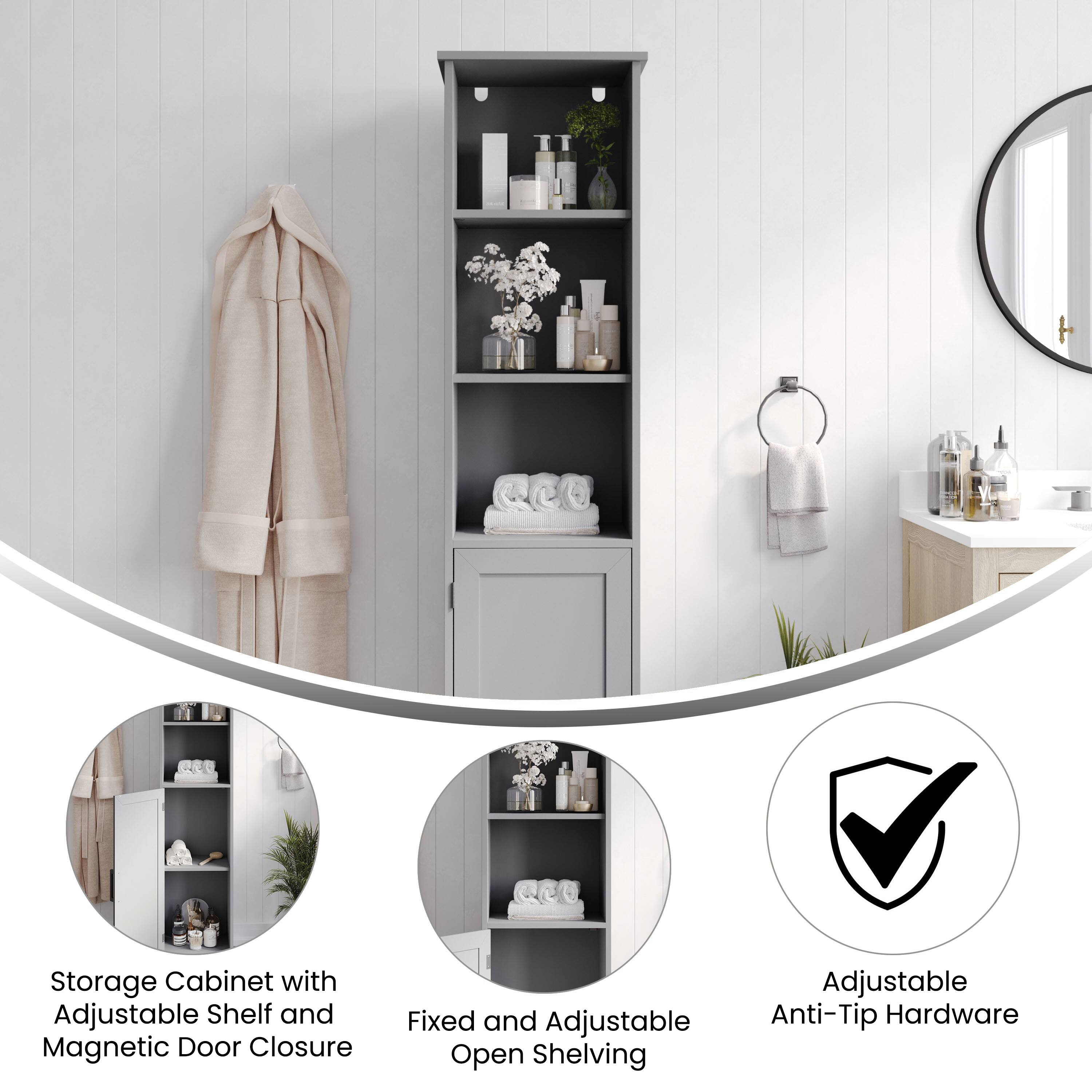 Storage Cabinet with Adjustable Shelf and Magnetic Door Closure  
Fixed and Adjustable Open Shelving  
Adjustable Anti-Tip Hardware