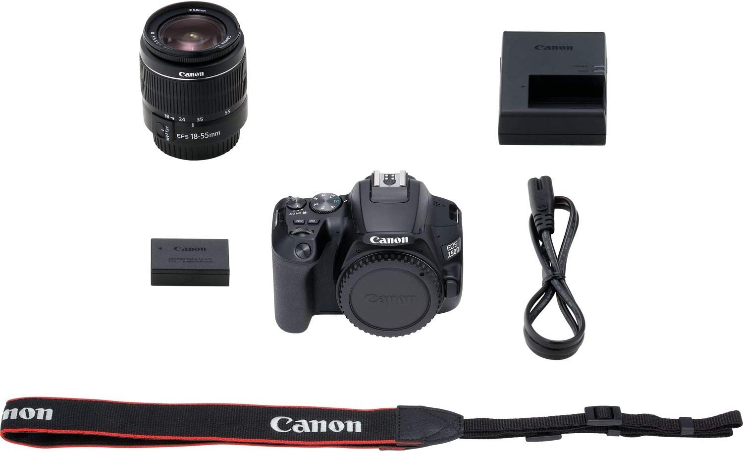 Canon EOS 2500D  
Canon EF-S 18-55mm  
Canon LP-E17 Battery  
Canon USB Cable  
Canon Strap