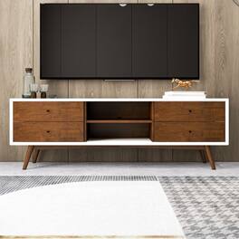 Spaco - Walnut Low Profile TV Stand for 72 Inch TVs, Mid Century Modern Solid Wood, for Living Room - Brown White