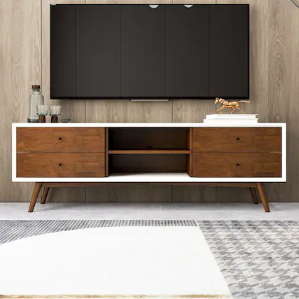 Front. Spaco - Spaco Walnut Low Profile TV Stand for 72 Inch TVs, Mid Century Modern Solid Wood, for Living Room - Brown White.