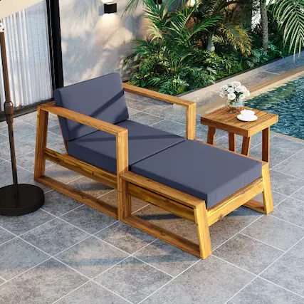 Front. Siljoy - Acacia Wood Outdoor Lounge Set Chair & Ottoman Removable Cushions, All-Weather Chaise Daybed for Patio - Natural+Grey.