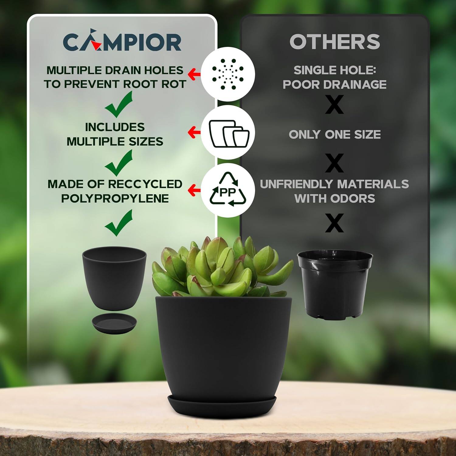 CAMPIOR:
- Multiple drain holes to prevent root rot
- Includes multiple sizes
- Made of recycled polypropylene

OTHERS:
- Single hole: Poor drainage
- Only one size
- Unfriendly materials with odors