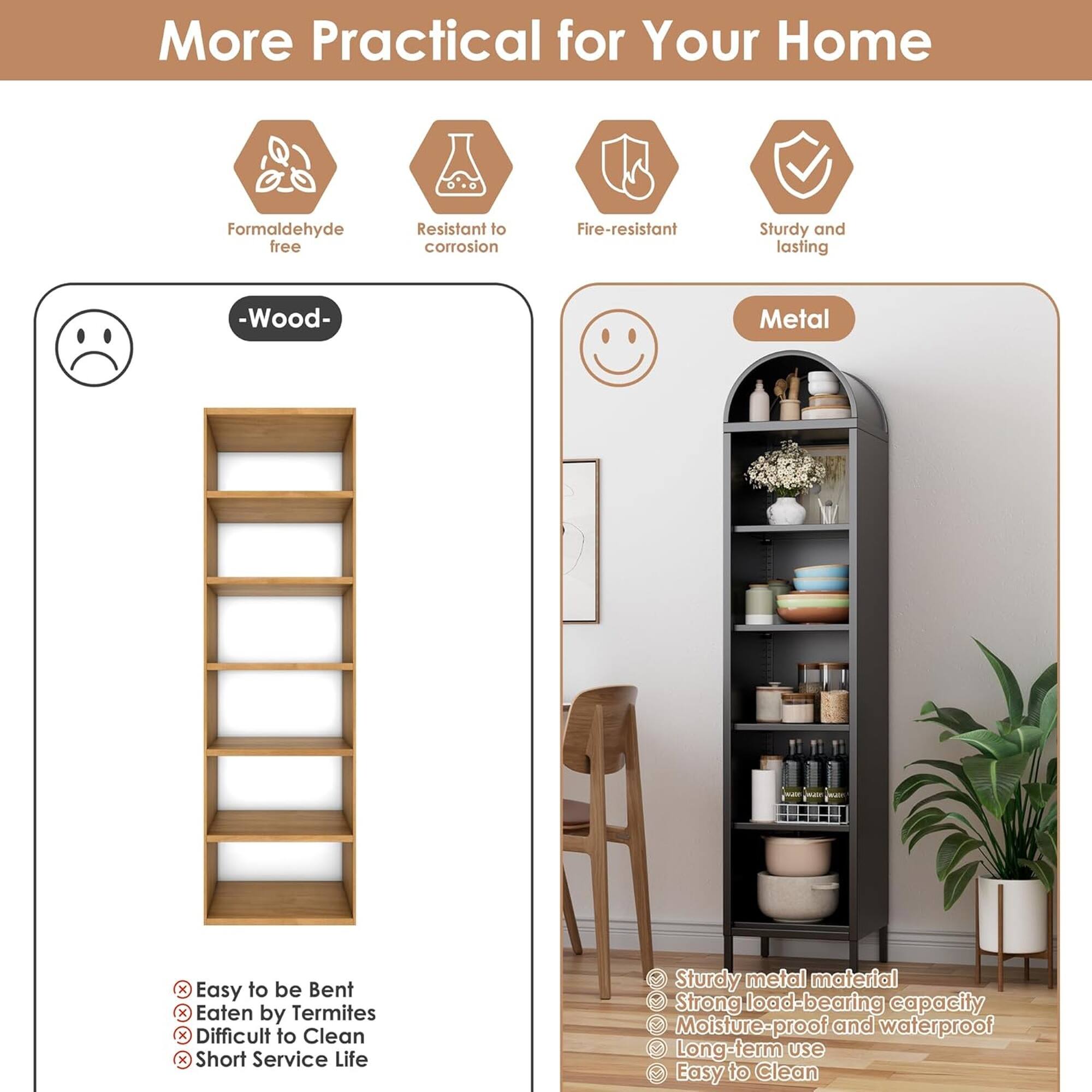 More Practical for Your Home

Formaldehyde free
Resistant to corrosion
Fire-resistant
Sturdy and lasting

-Wood-
- Easy to be Bent
- Eaten by Termites
- Difficult to Clean
- Short Service Life

Metal
- Sturdy metal material
- Strong load-bearing capacity
- Moisture-proof and waterproof
- Long-term use
- Easy to Clean