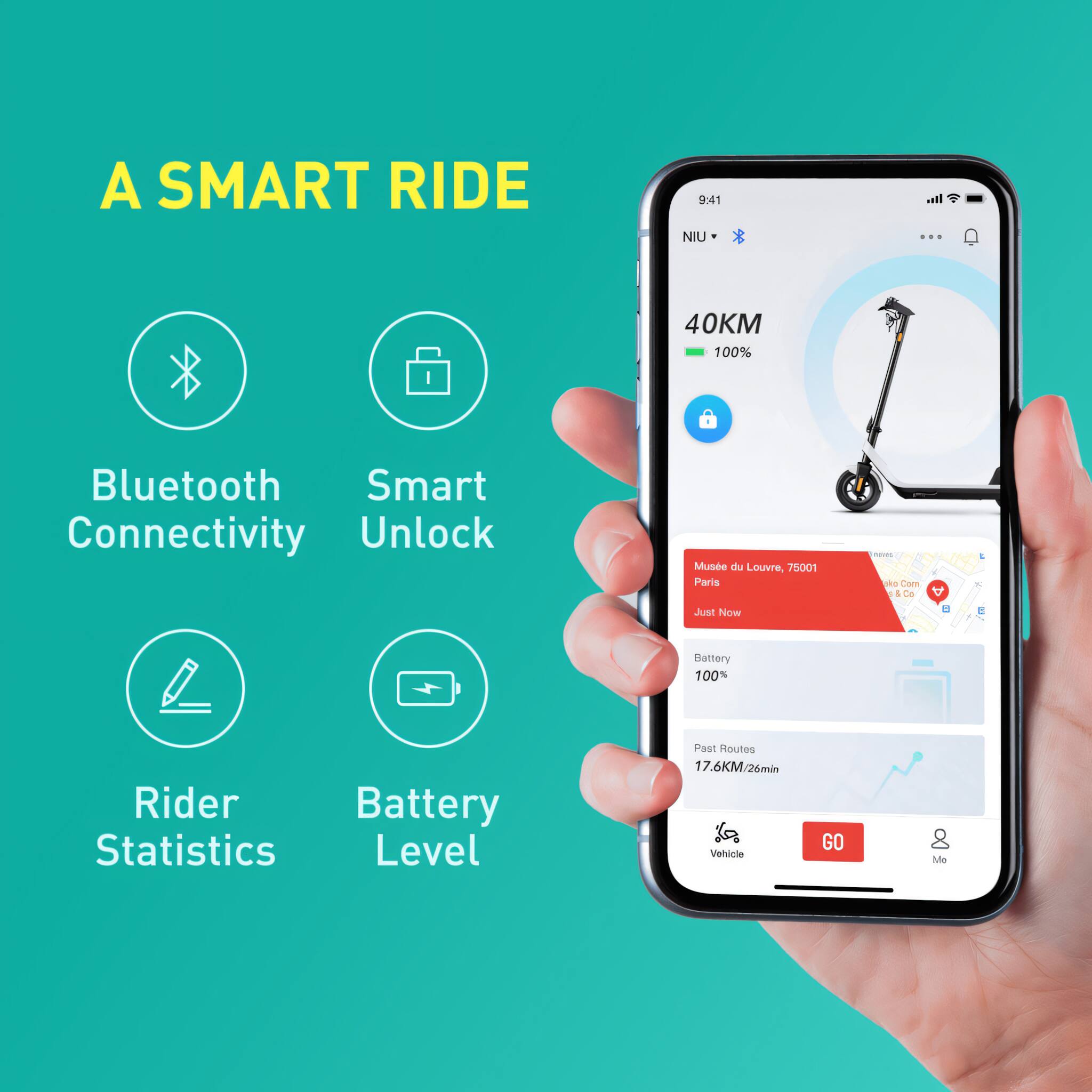A Smart Ride:

* 9:41 NIU sl ... 40KM
* 100% Bluetooth Smart Connectivity
* Unlock Muse du Louvre, 75001 Paris - ie Camn - & a Just Now
* Battery 100%
* Rider Battery Statistics
* Level 17.6KM/26min
* Vehicle GO