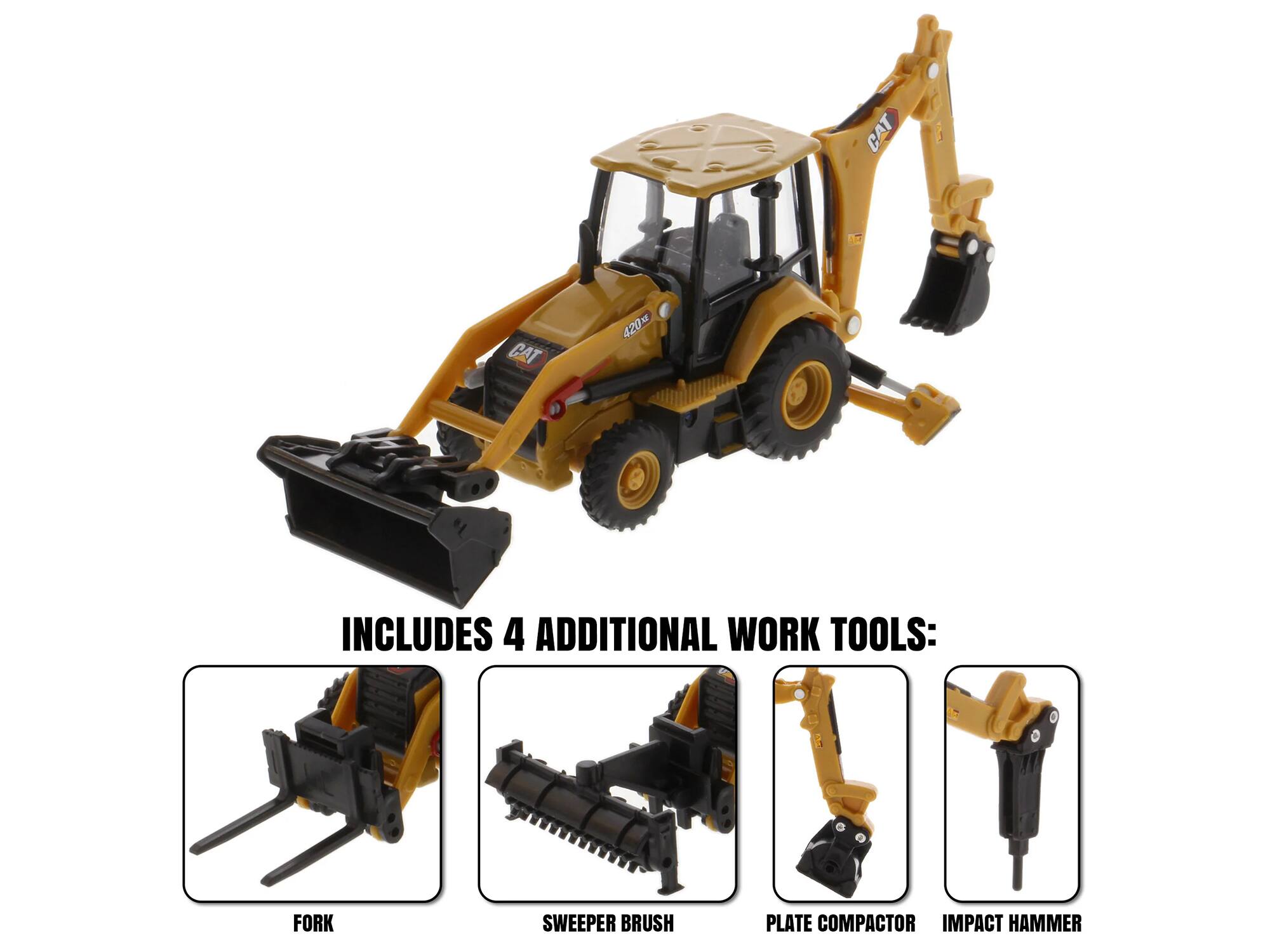 CAT 420 includes 4 additional work tools:  
- Fork  
- Sweeper Brush  
- Plate Compactor  
- Impact Hammer