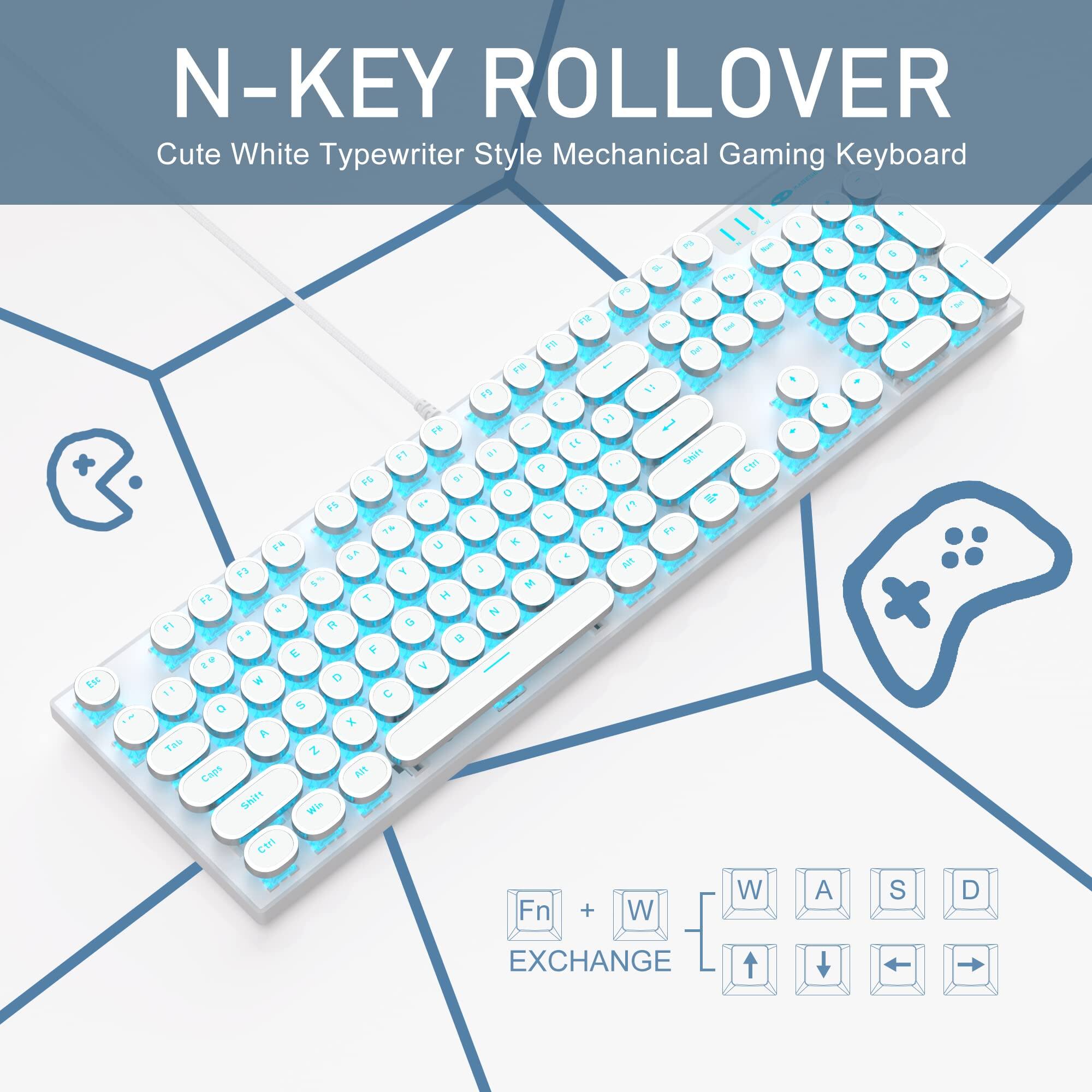 N-KEY ROLLOVER  
Cute White Typewriter Style Mechanical Gaming Keyboard  

Fn + W = EXCHANGE  

W A S D