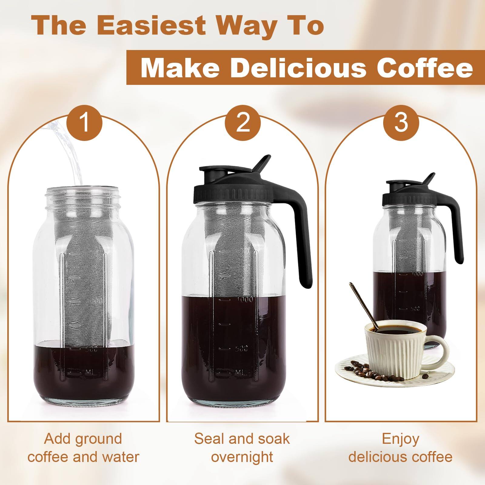 The Easiest Way To Make Delicious Coffee

1. Add ground coffee and water
2. Seal and soak overnight
3. Enjoy delicious coffee