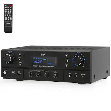 PYLE
PYLEUSA.COM
PT90UBT DIGITAL HI-FI AMPLIFIER
- MIC VOLUME
- MODE
- MENU
- VOLUME
- REPEAT
- P-SCAN
- DELAY
- ECHO
- TREBLE
- BASS
- MIC
- MIC2
- IPOD/MP3
- POWER
- USB IN
- 5V 2A
- PYLEUSA.COM
- BLUE
- PT90UBT DIGITAL HI-FI AMPLIFIER