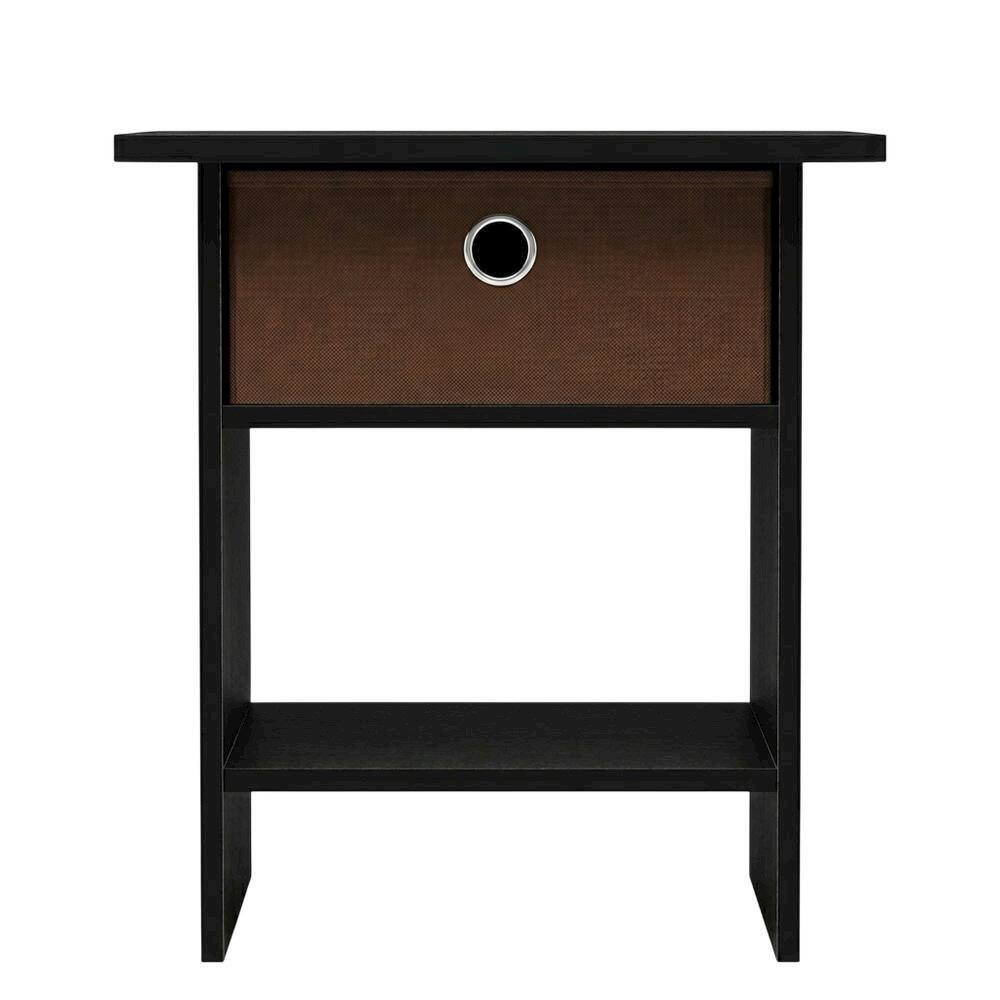 Back. FurniFact - Medium brown wood nightstand with storage shelf and bin drawer - Americano/Medium Brown.