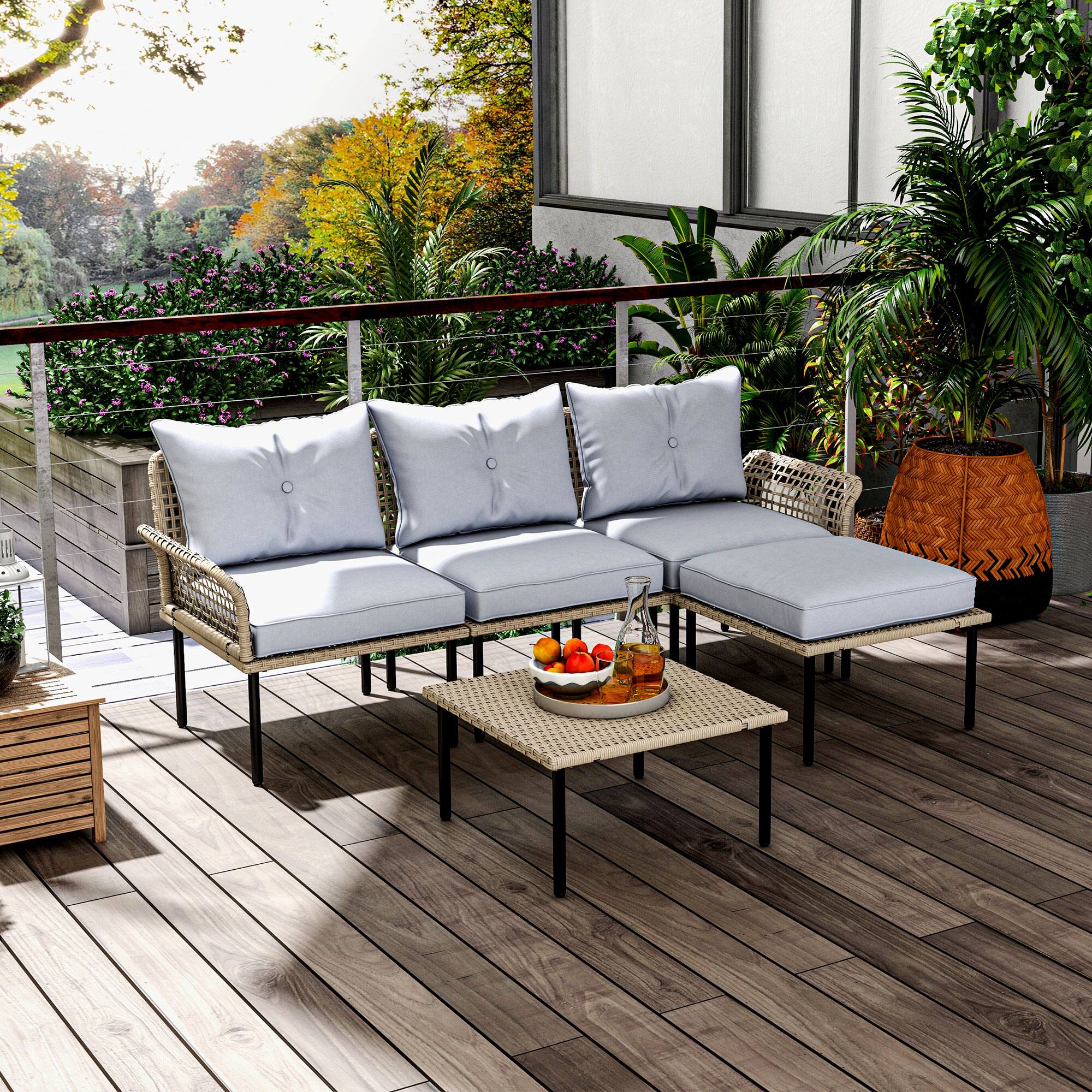 Alt View 1. Outsunny - 5 Piece Patio Furniture Set, Outdoor Conversation Set with L-Shaped Sofa, Cushions, for Backyard, Lawn and Pool - Light Gray.