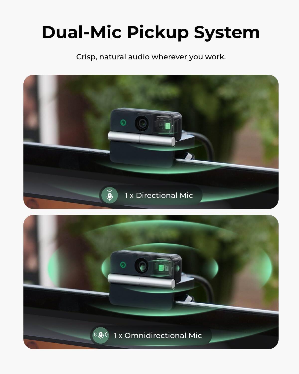 Dual-Mic Pickup System  
Crisp, natural audio wherever you work.  

1x Directional Mic  
1x Omnidirectional Mic