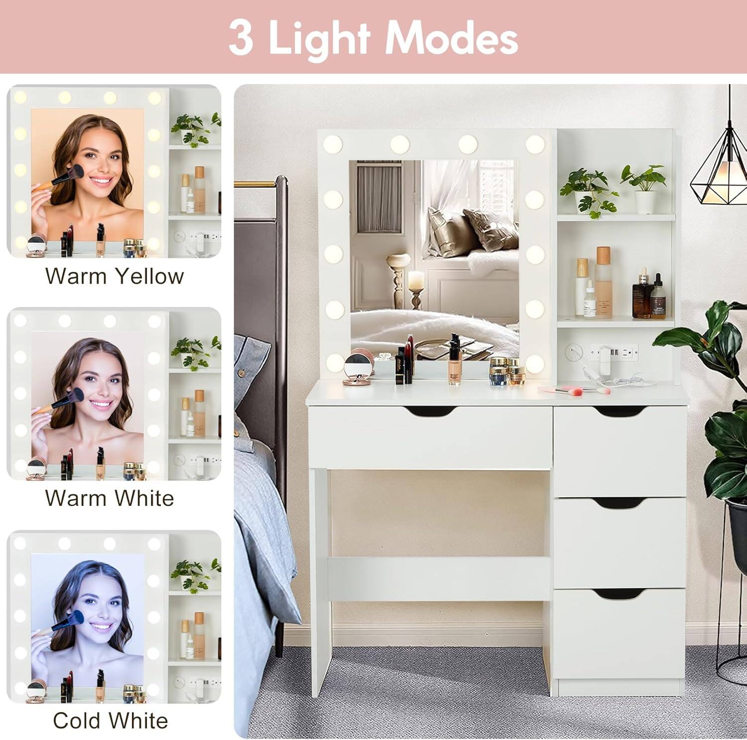 Alt View 1. GARVEE - Makeup Vanity with Mirror,12 LED Lights with 3 Adjustable Lighting Modes and Brightness Levels, Built-in Power Outlet - White.