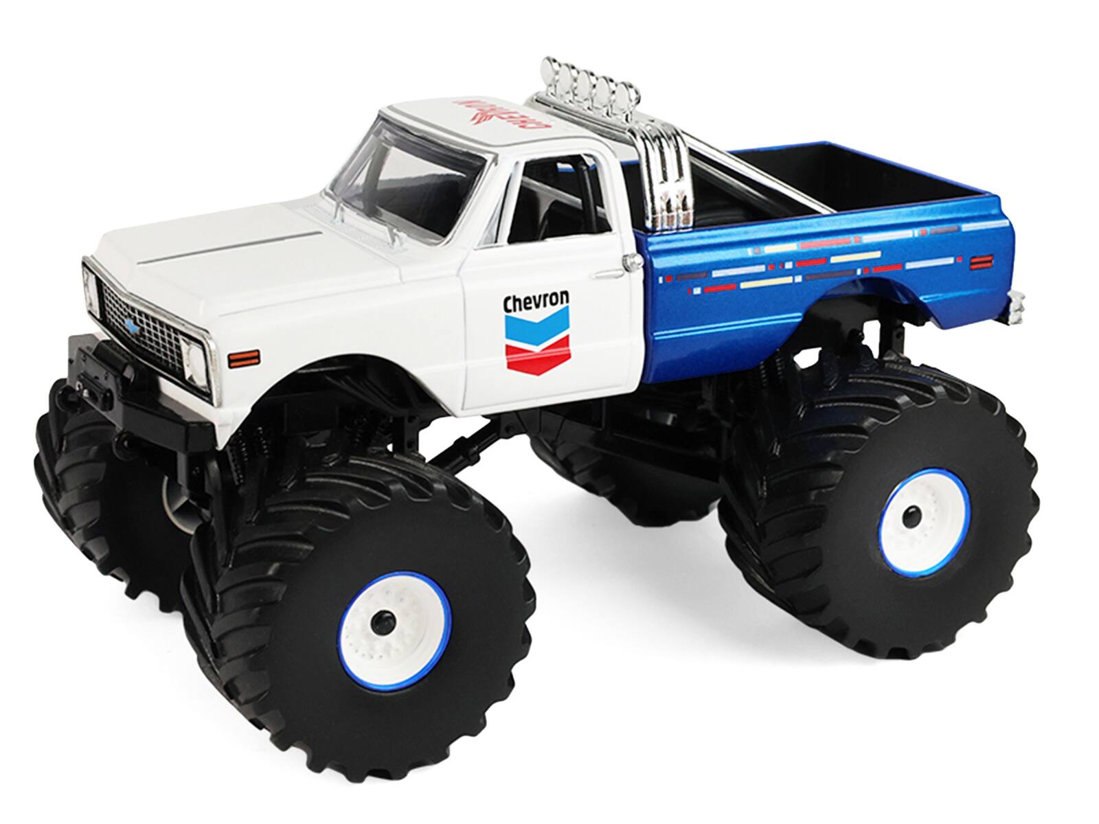 Alt View 1. Greenlight - 1972 Chevrolet K-10 Monster Truck "Chevron 150th Anniversary" White and Blue Metallic 1/43 Model Car by Greenlight.