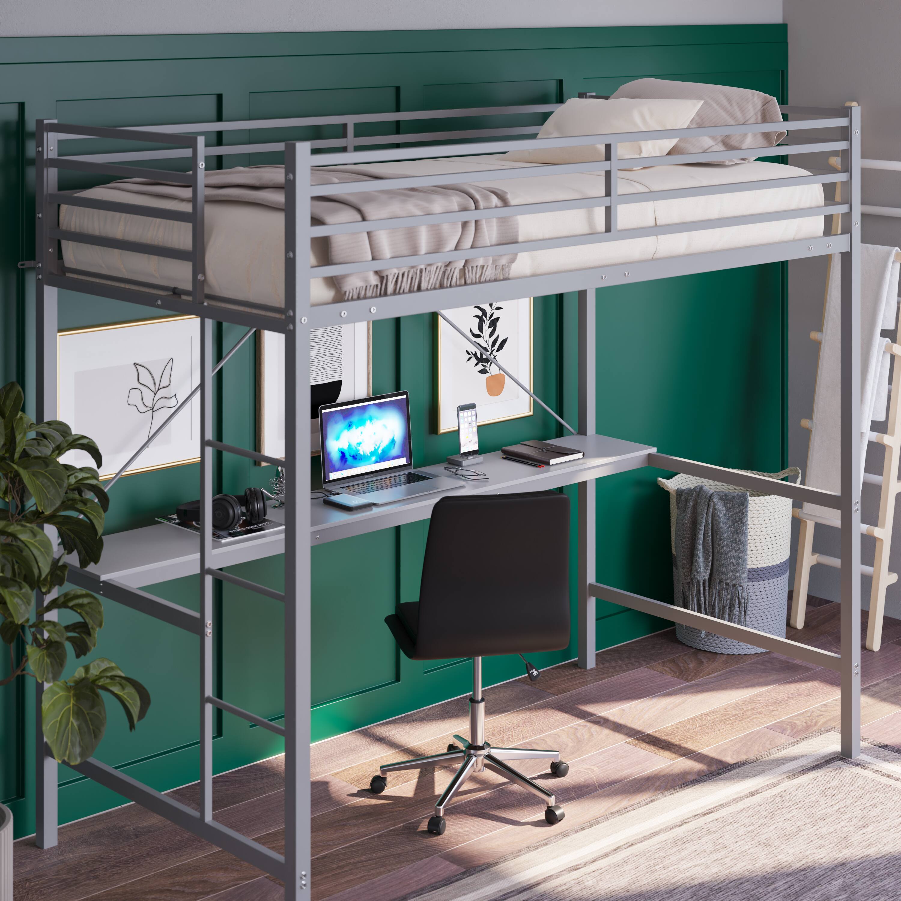 Alt View 3. Emma + Oliver - Jensen Metal Loft Bed Frame with Desk, Protective Guard Rails and Ladder for Kids, Teens and Adults - Gray.