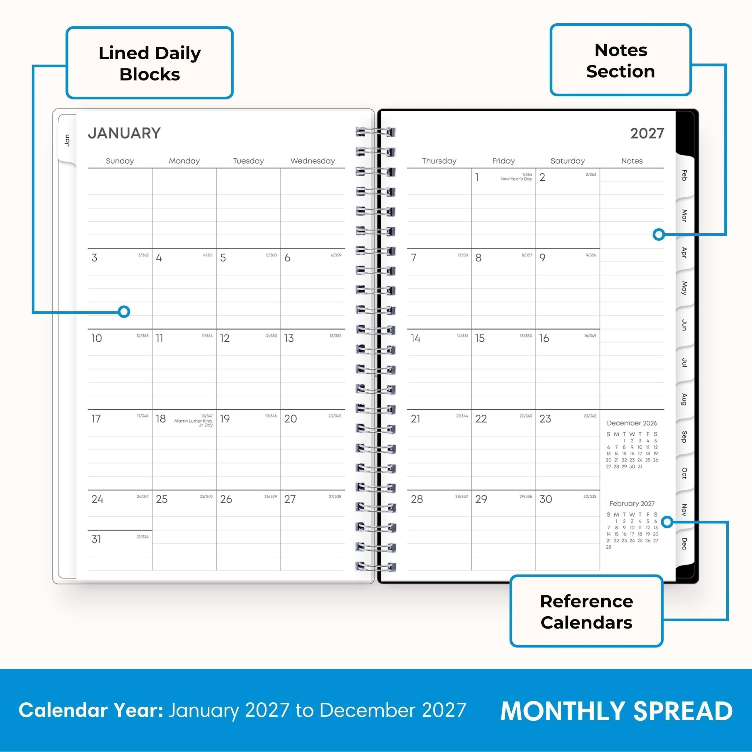 Lined Daily Blocks  
Notes Section  
JANUARY  
Sunday Monday Tuesday Wednesday Thursday Friday Saturday  
3 4 5 6 7 8 9  
10 11 12 13 14 15 16  
17 18 19 20 21 22 23  
24 25 26 27 28 29 30  
31  

Notes  
1 2  
New Year's Day  

Reference Calendars  
Calendar Year: January 2027 to December 2027  
MONTHLY SPREAD