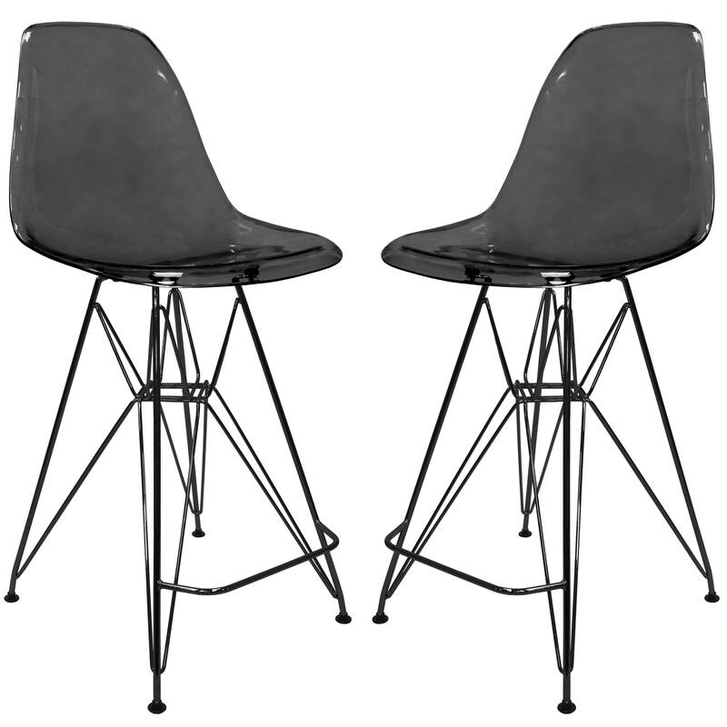 Front. LeisureMod - Cresco Modern Acrylic Barstool, Swivel Counter Height Stool with Black Base Footrest Set of 2 - Transparent Black.