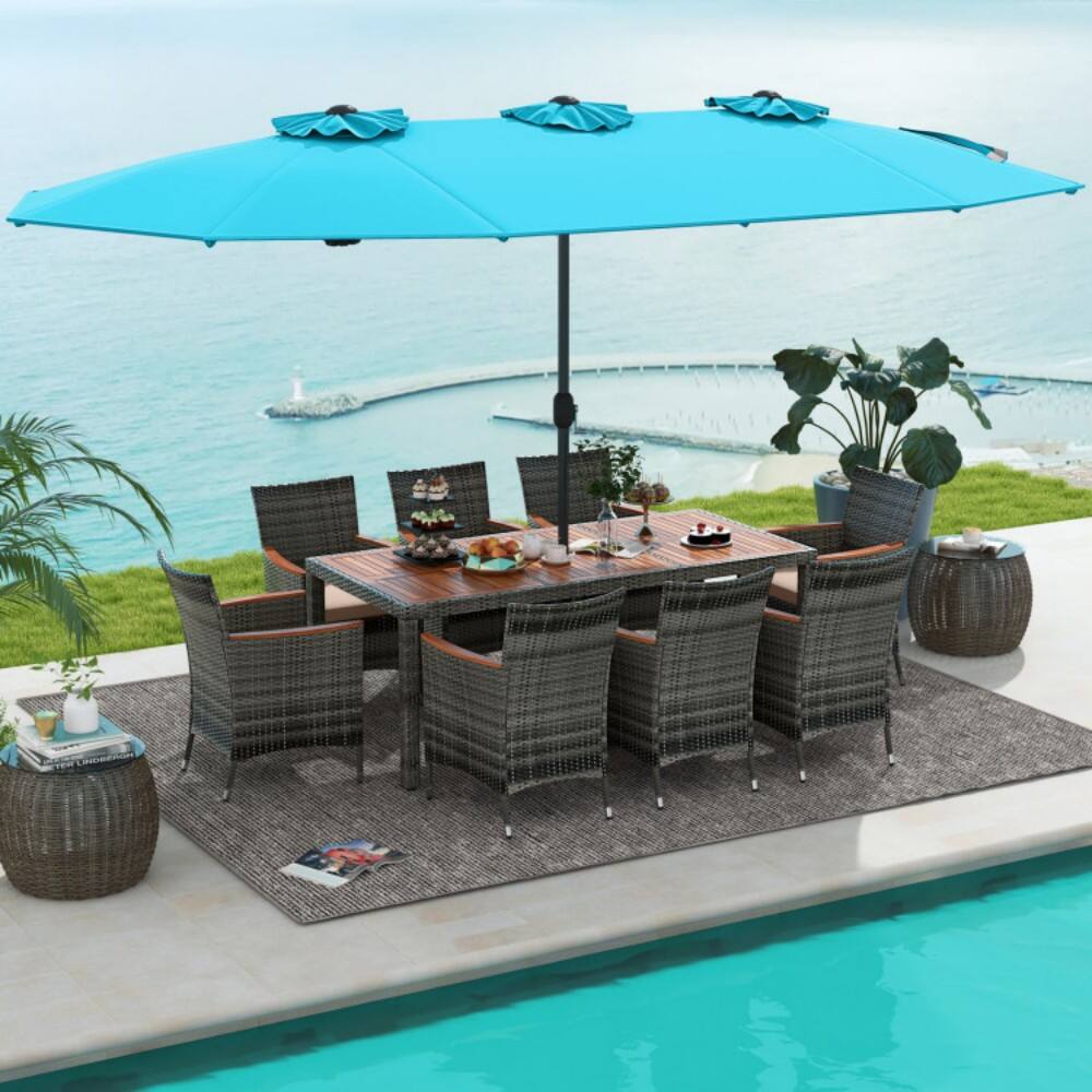 Left. Mondawe - 10 Pieces Patio Wicker Dining Set with 15 Feet Double-Sided Patio Umbrella - Turquoise.