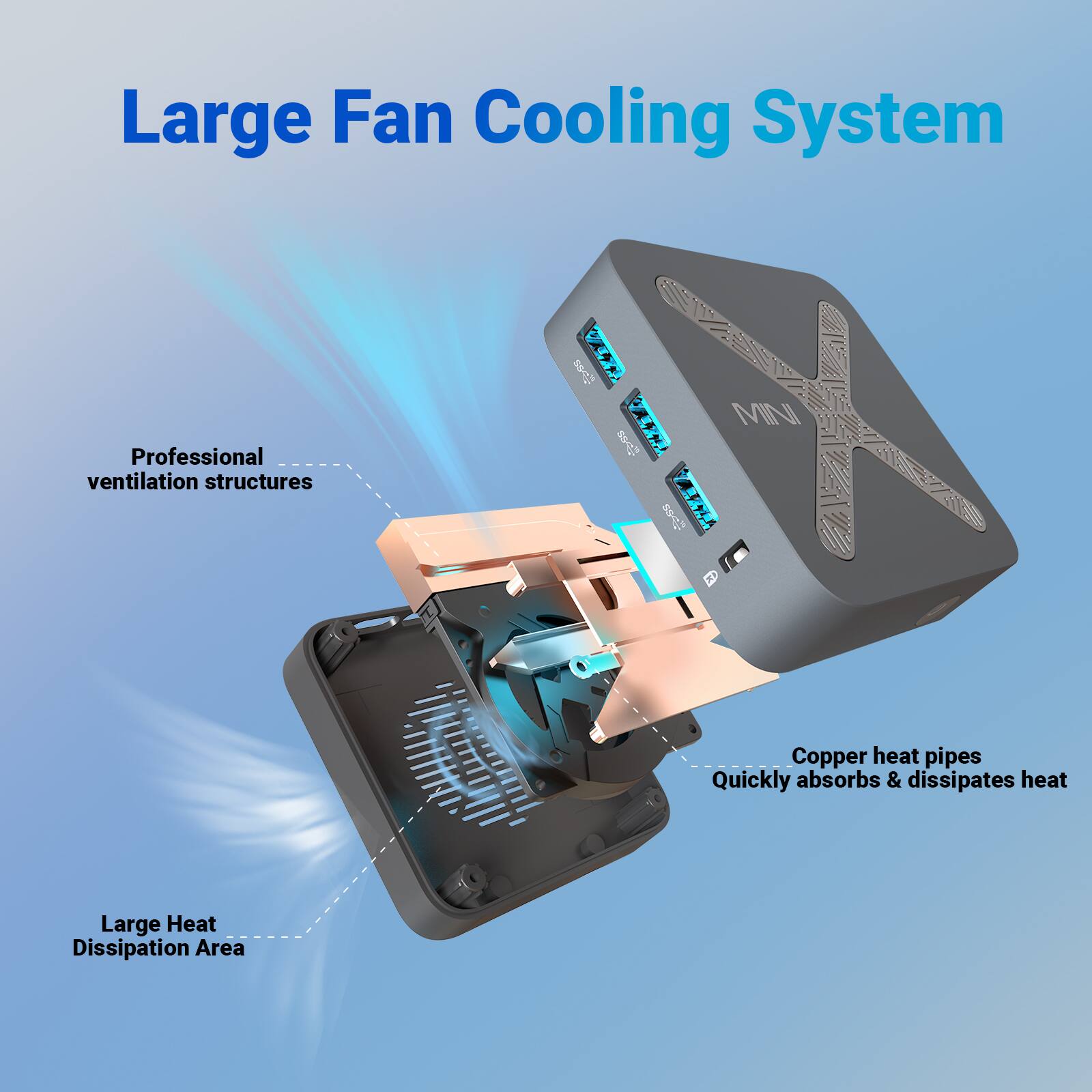 Large Fan Cooling System, Professional ventilation structures, Copper heat pipes Quickly absorbs & dissipates heat, Large Heat Dissipation Area