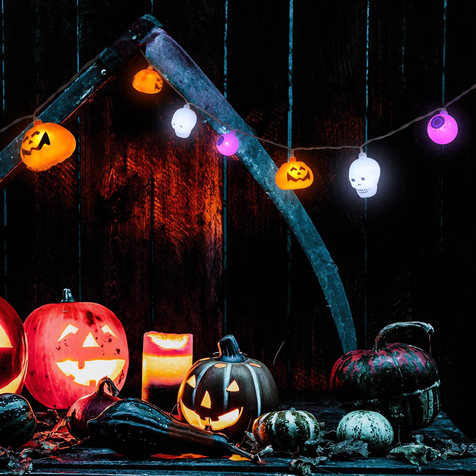 Alt View 1. Oumilen - Halloween String Lights, 2M 10-LED Battery Operated Decorative Lights Pumpkin Skull Eyeball Warm White Purple Party - Multicolor.