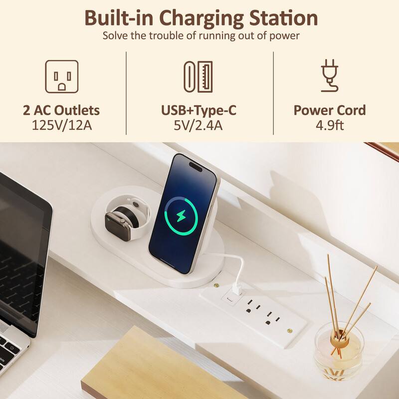 Built-in Charging Station  
Solve the trouble of running out of power  

2 AC Outlets  
125V/12A  

USB+Type-C  
5V/2.4A  

Power Cord  
4.9ft