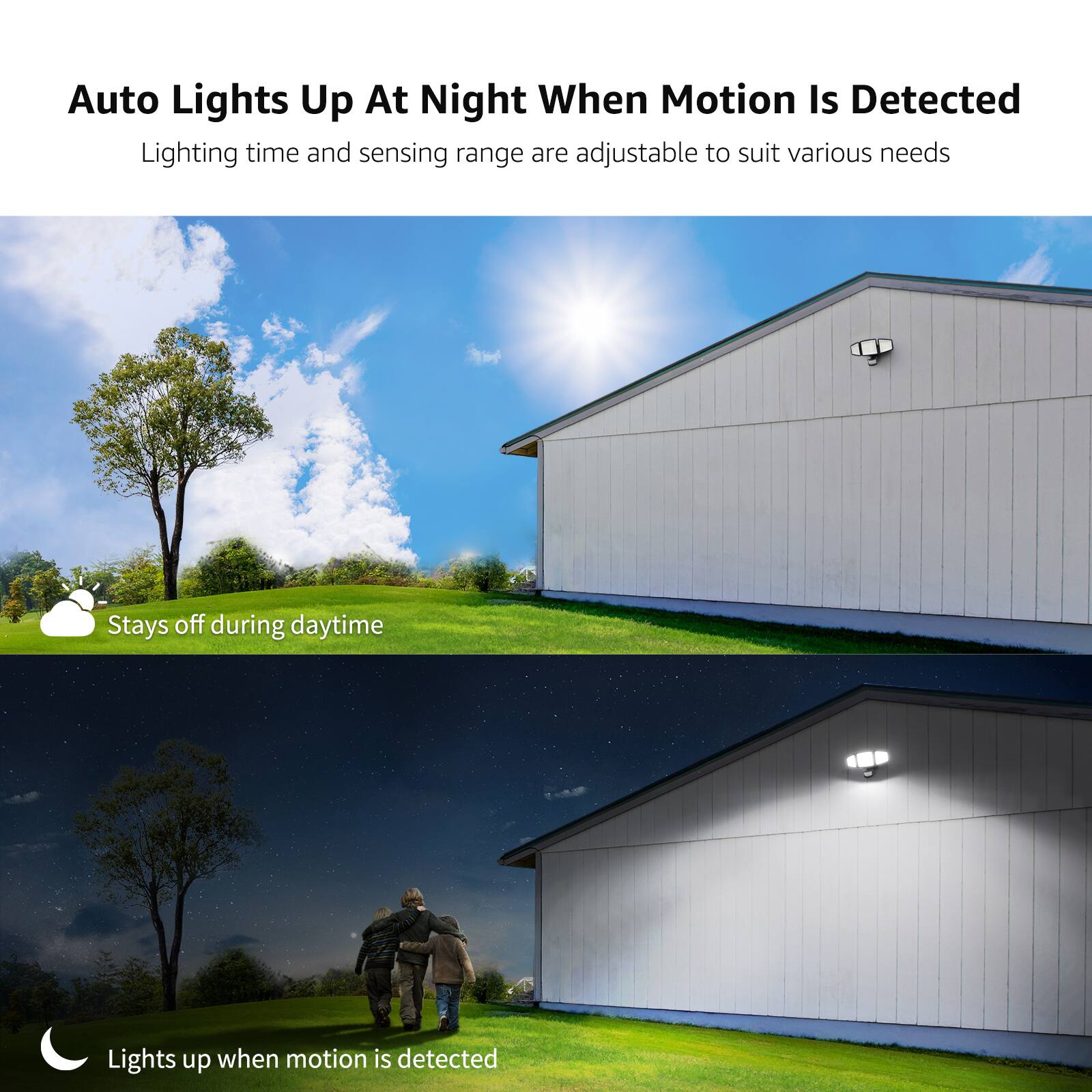 Auto Lights Up At Night When Motion Is Detected

Lighting time and sensing range are adjustable to suit various needs

- Stays off during daytime
- Lights up when motion is detected