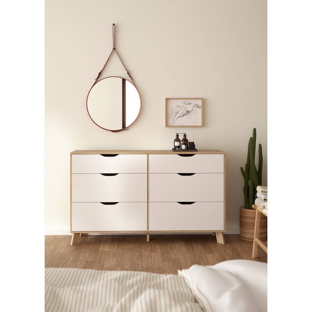 Angle. Tvilum - Ikast 6 Drawer Double Dresser, Jackson Hickory/White - Brown.