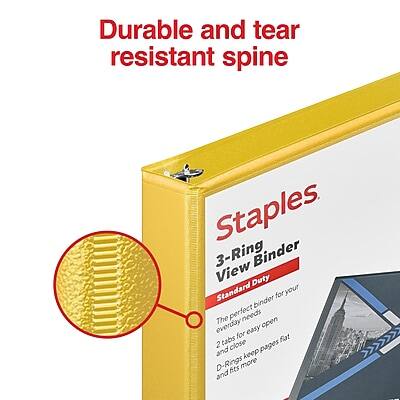 Durable and tear resistant spine

Staples 3-Ring Binder
View Binder
Standard Duty

The perfect binder for your everyday needs
2 tabs for easy open
D-Rings keep pages flat and fits more