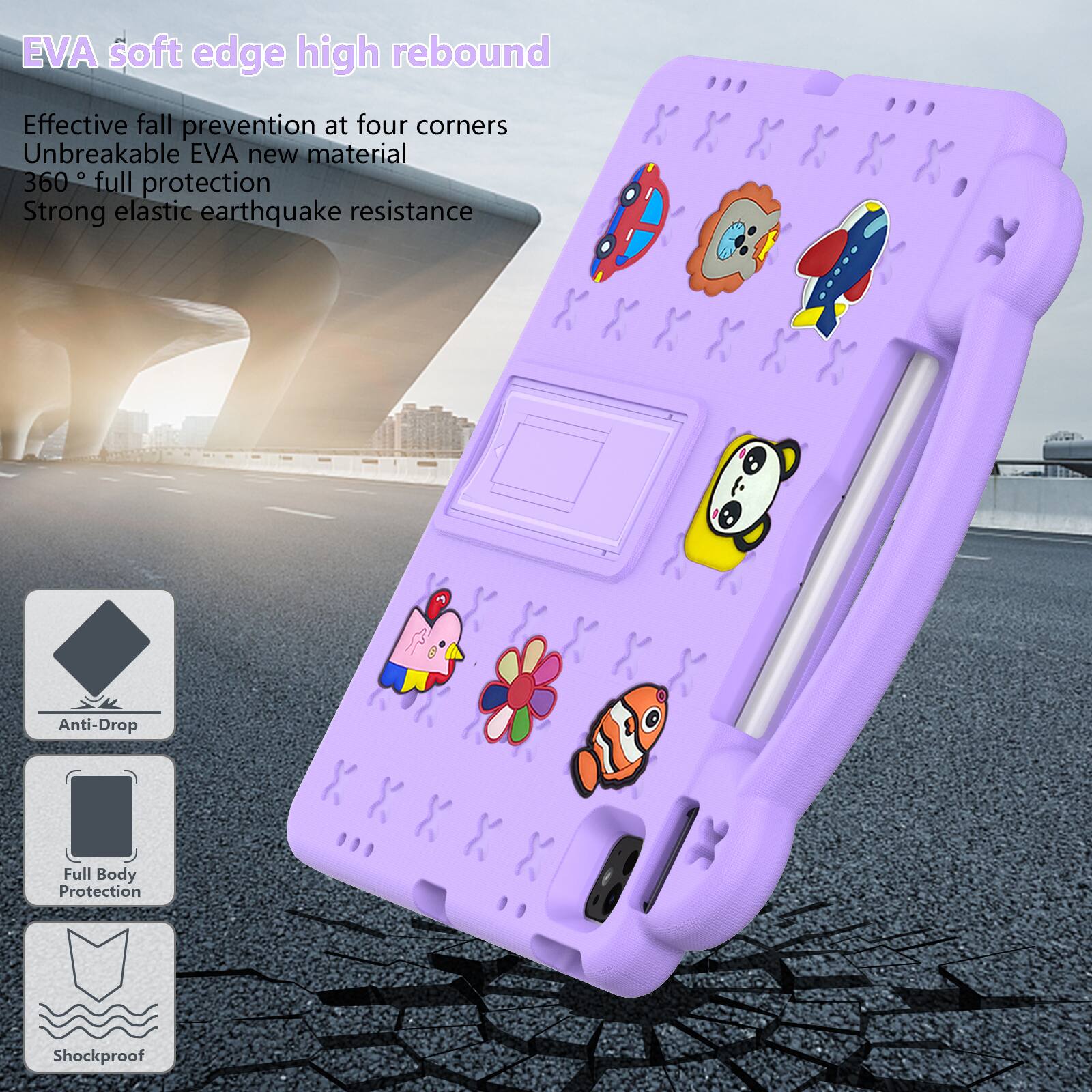EVA soft edge high rebound  
Effective fall prevention at four corners  
Unbreakable EVA new material  
360° full protection  
Strong elastic earthquake resistance  

Anti-Drop  
Full Body Protection  
Shockproof