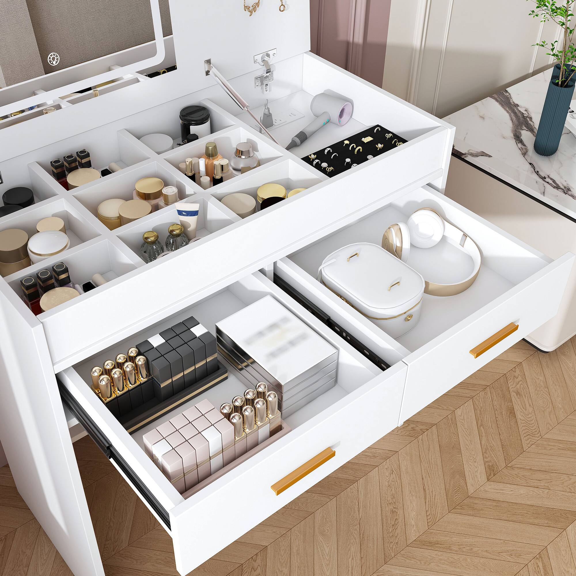 Back. COWLOWN - Flip Top Vanity Desk LED Lighted Mirror Outlet 2 Drawers Storage Jewelry Hooks No Stool White - White.