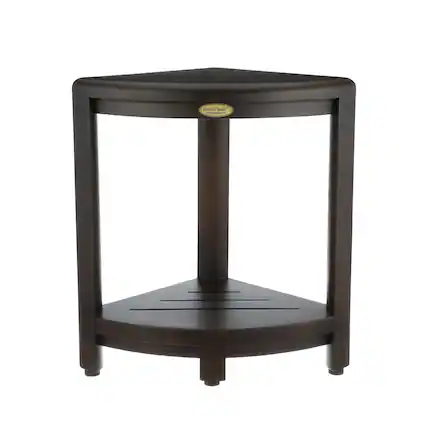 Front. DecoTeak - DecoTeak® SnazzyCorner® 18"H Teak Wood Corner Shower Bench with Shelf in Woodland Brown Finish - Woodland Brown.