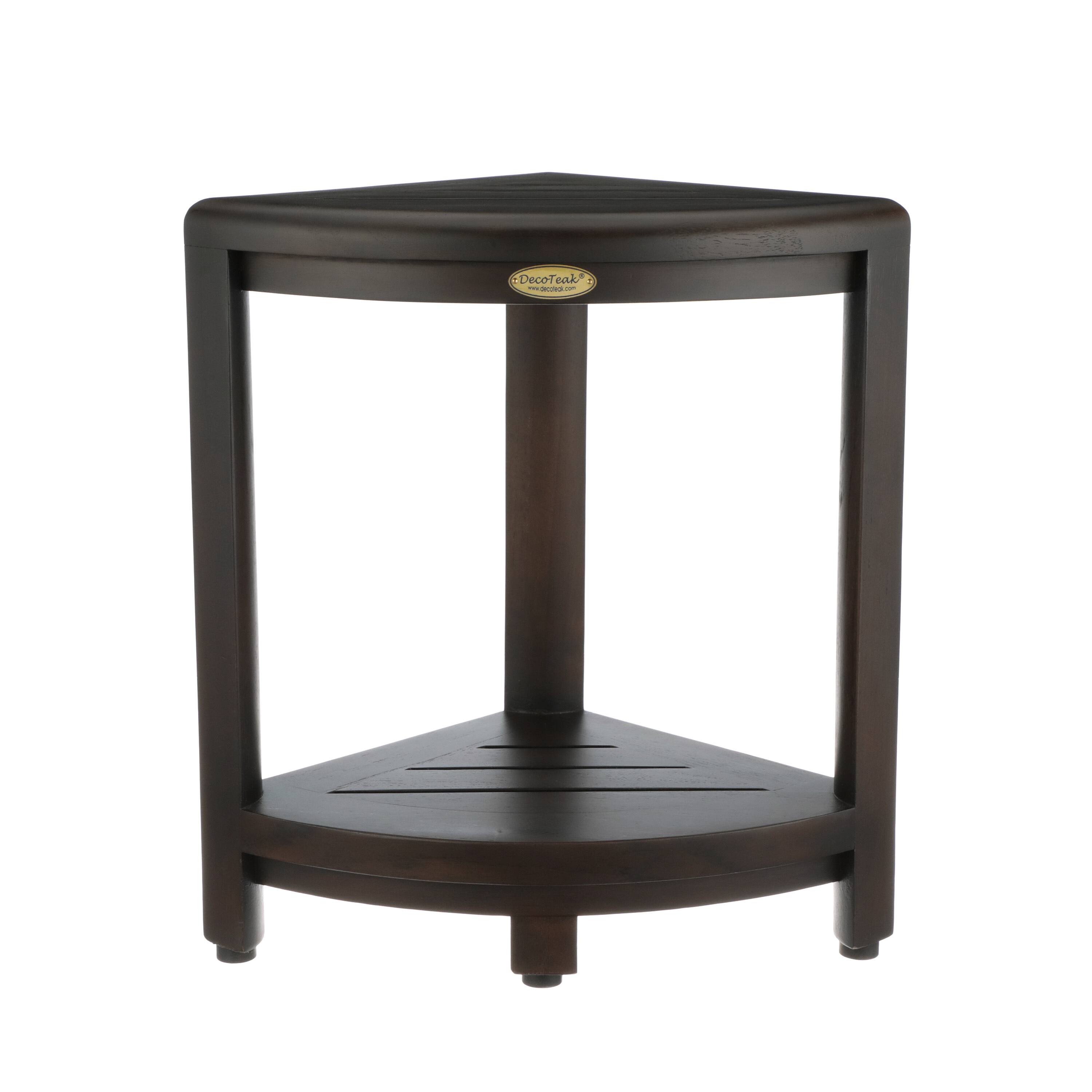 Front. DecoTeak - DecoTeak® SnazzyCorner® 18"H Teak Wood Corner Shower Bench with Shelf in Woodland Brown Finish - Woodland Brown.