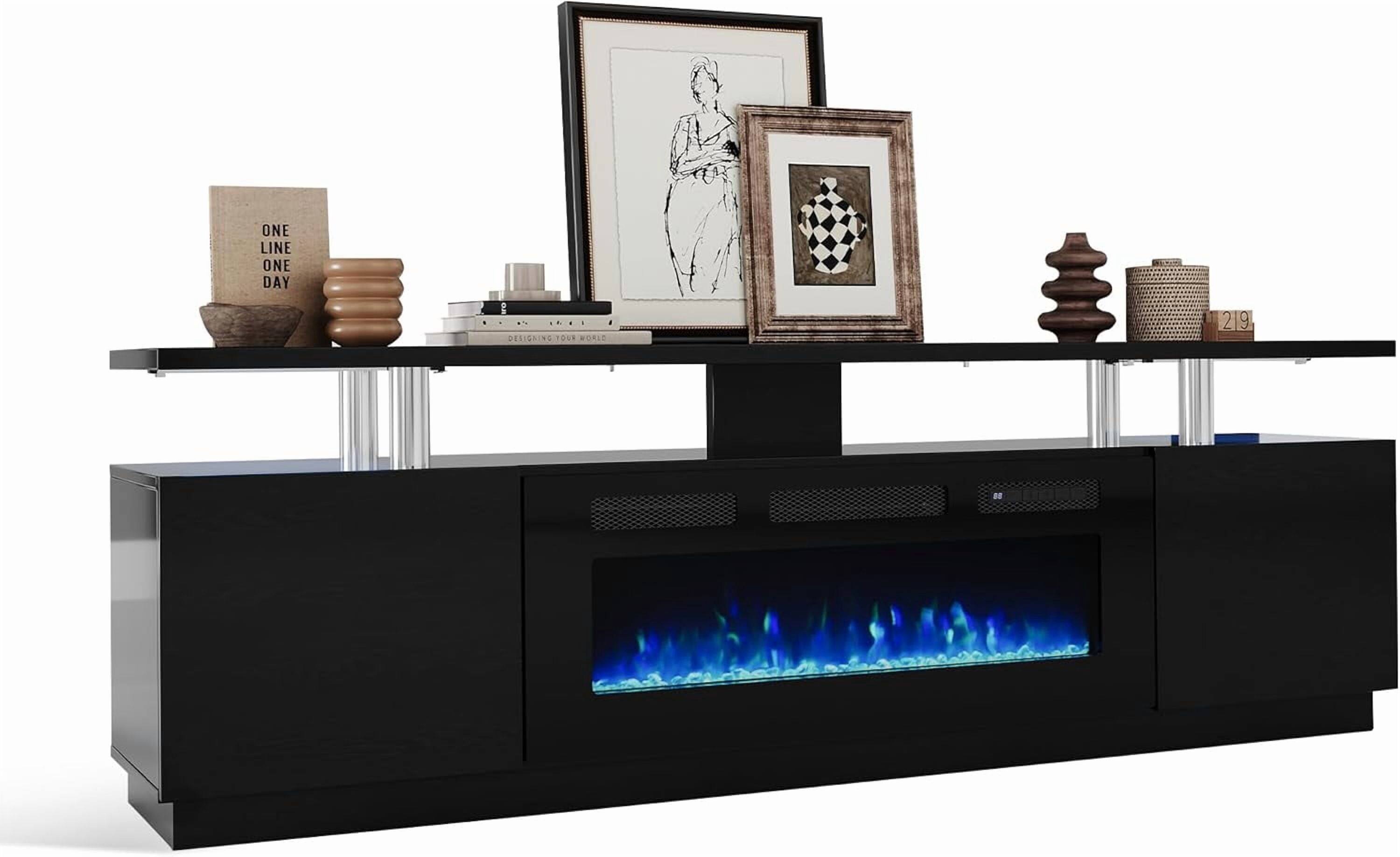 GARVEE - 70" Fireplace TV Stand 36" Electric Fireplace 12 Flame Colors Remote Storage Gloss Finish - Black