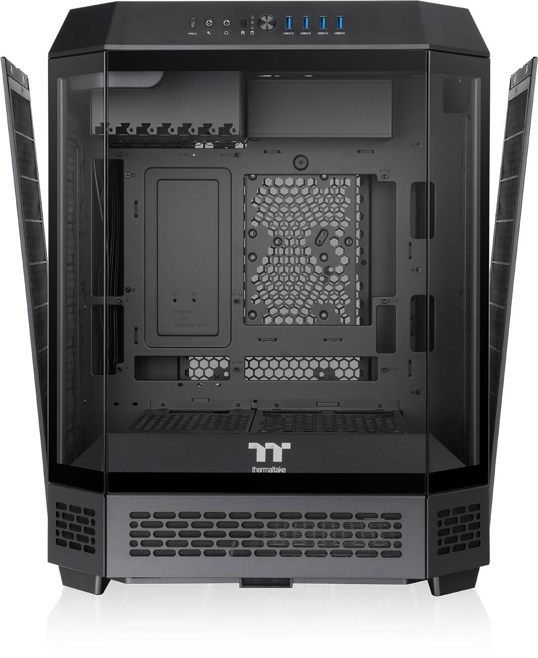 The image features a black computer tower with a Thermaltake logo on the side. The tower is open, revealing the internal components, including a motherboard and a CPU. The tower is designed to keep the computer cool, ensuring optimal performance.