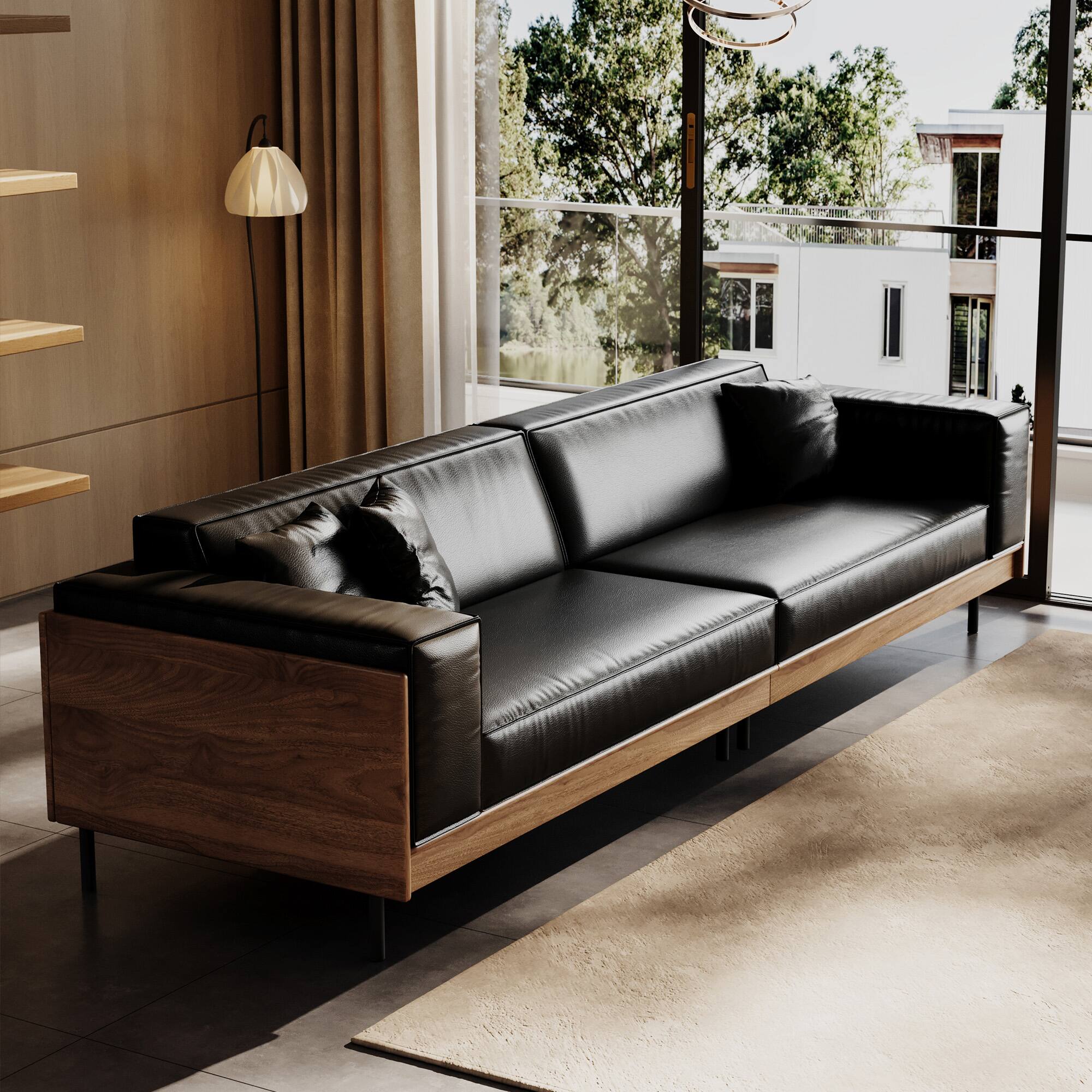 Left. luck idea - Modern Leather Sofa 98.42" Wide, Upholstered Couch with Solid Wood Frame, Metal Legs and 3 Throw Pillows - Black.