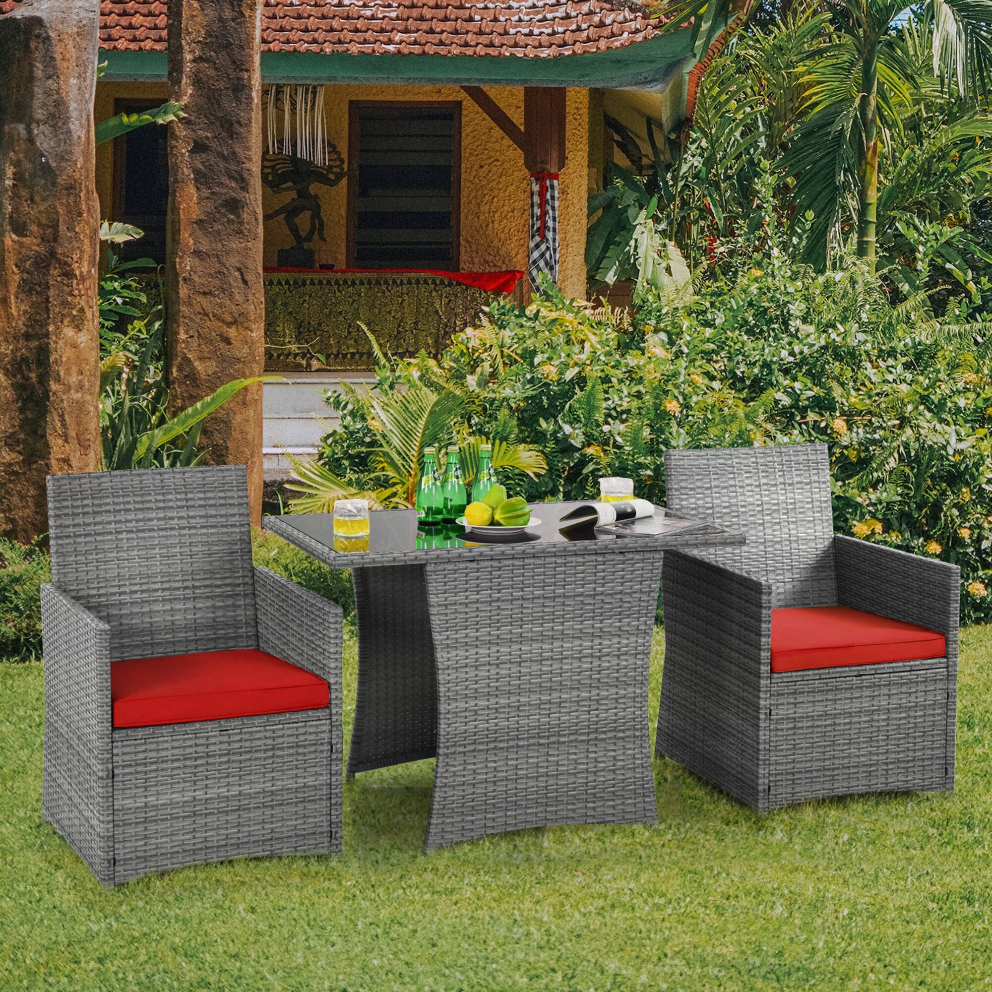 Alt View 9. Gymax - Gymax 3PCS Outdoor Rattan Conversation Set Patio Dining Table Set w/ Red Cushions - Red.