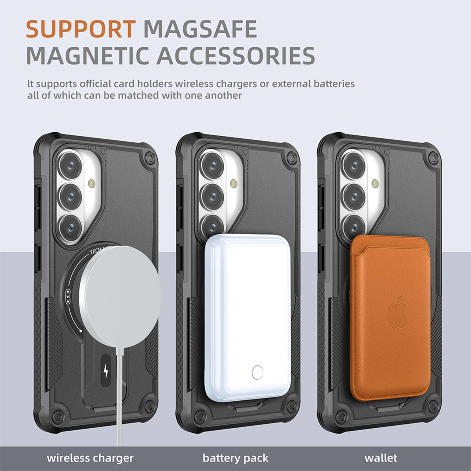 SUPPORT MAGSAFE MAGNETIC ACCESSORIES

It supports official card holders, wireless chargers, or external batteries, all of which can be matched with one another.

wireless charger  
battery pack  
wallet